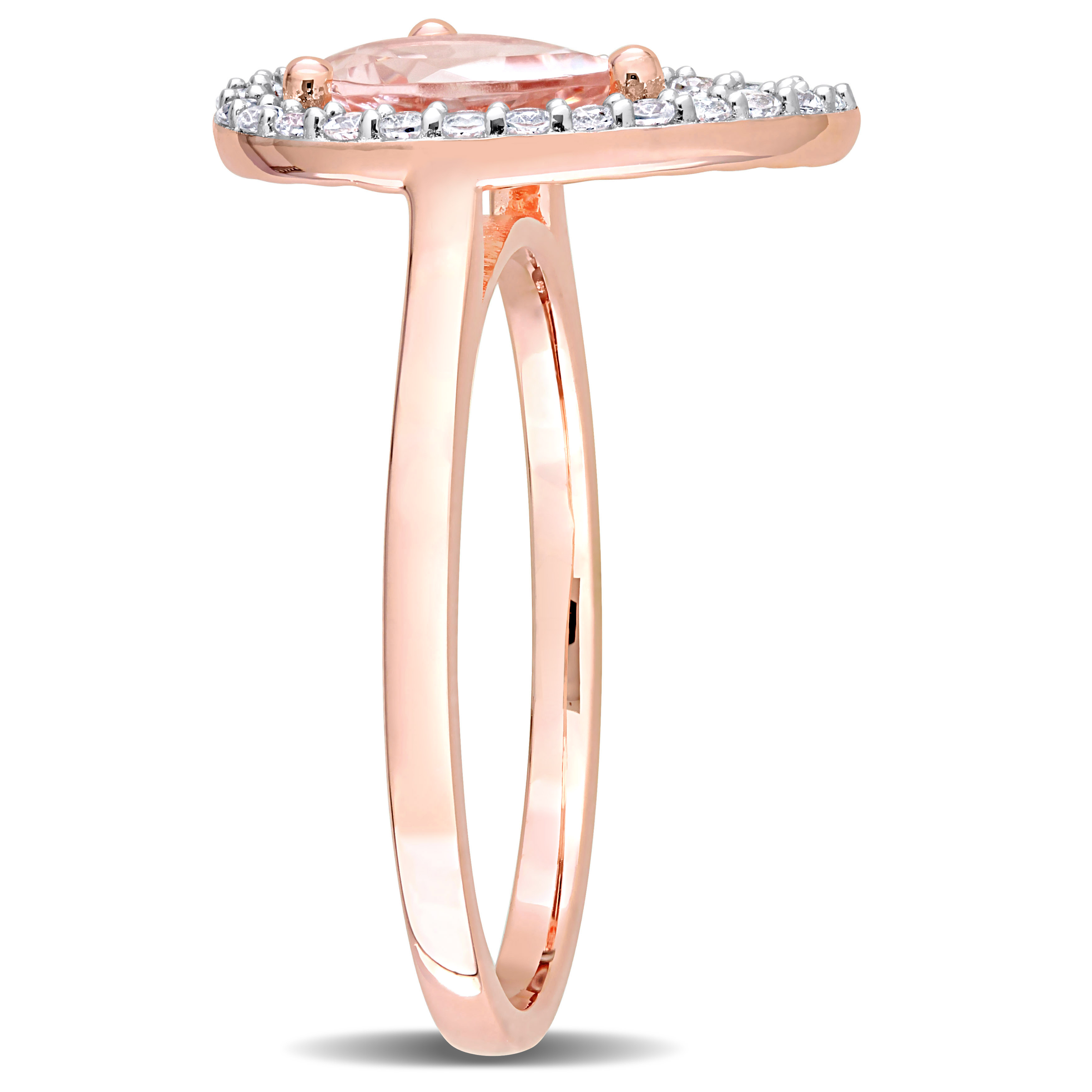 1 1/7 CT TGW Pear Shape Morganite and White Topaz Open Teardrop Ring in Rose Plated Sterling Silver