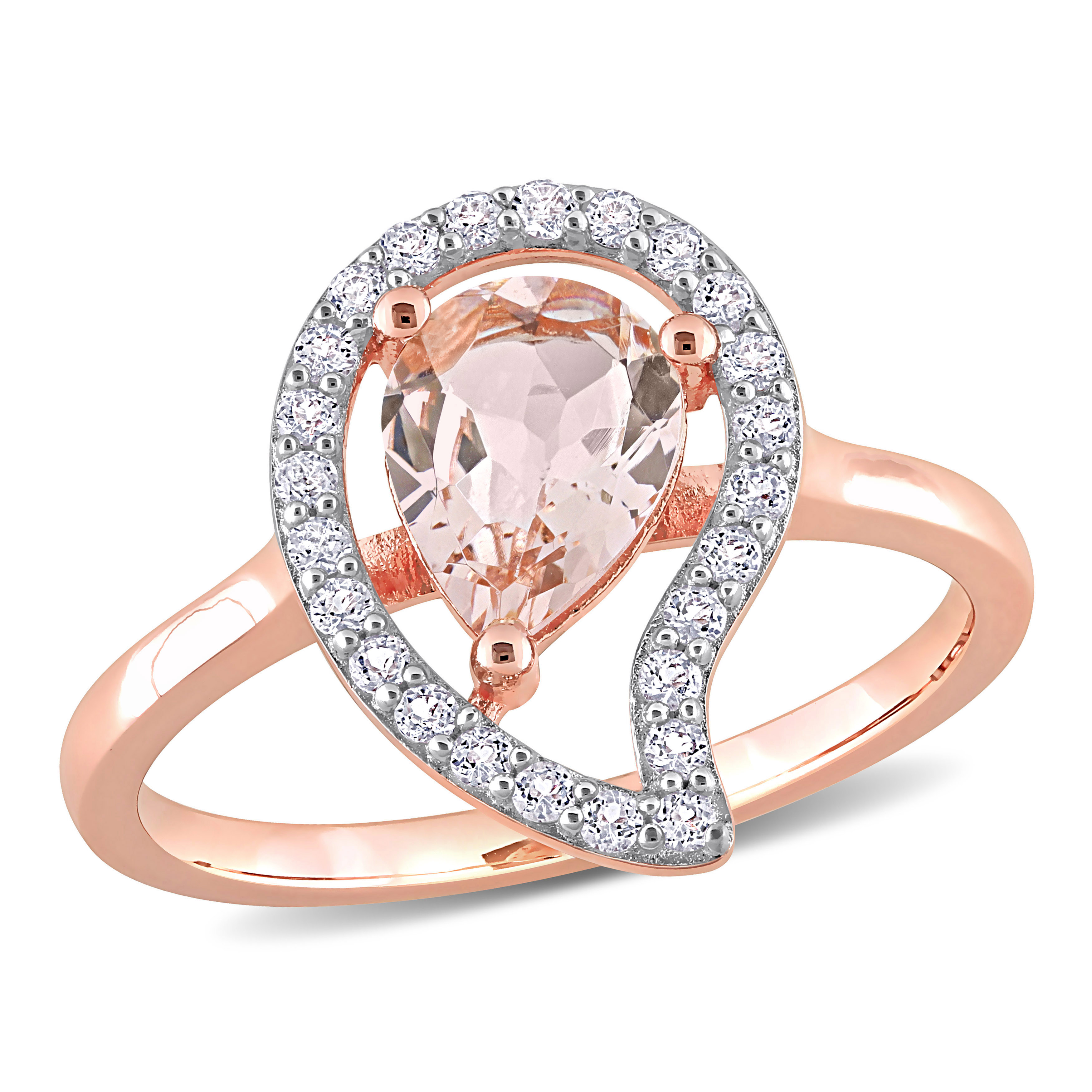 1 1/7 CT TGW Pear Shape Morganite and White Topaz Open Teardrop Ring in Rose Plated Sterling Silver