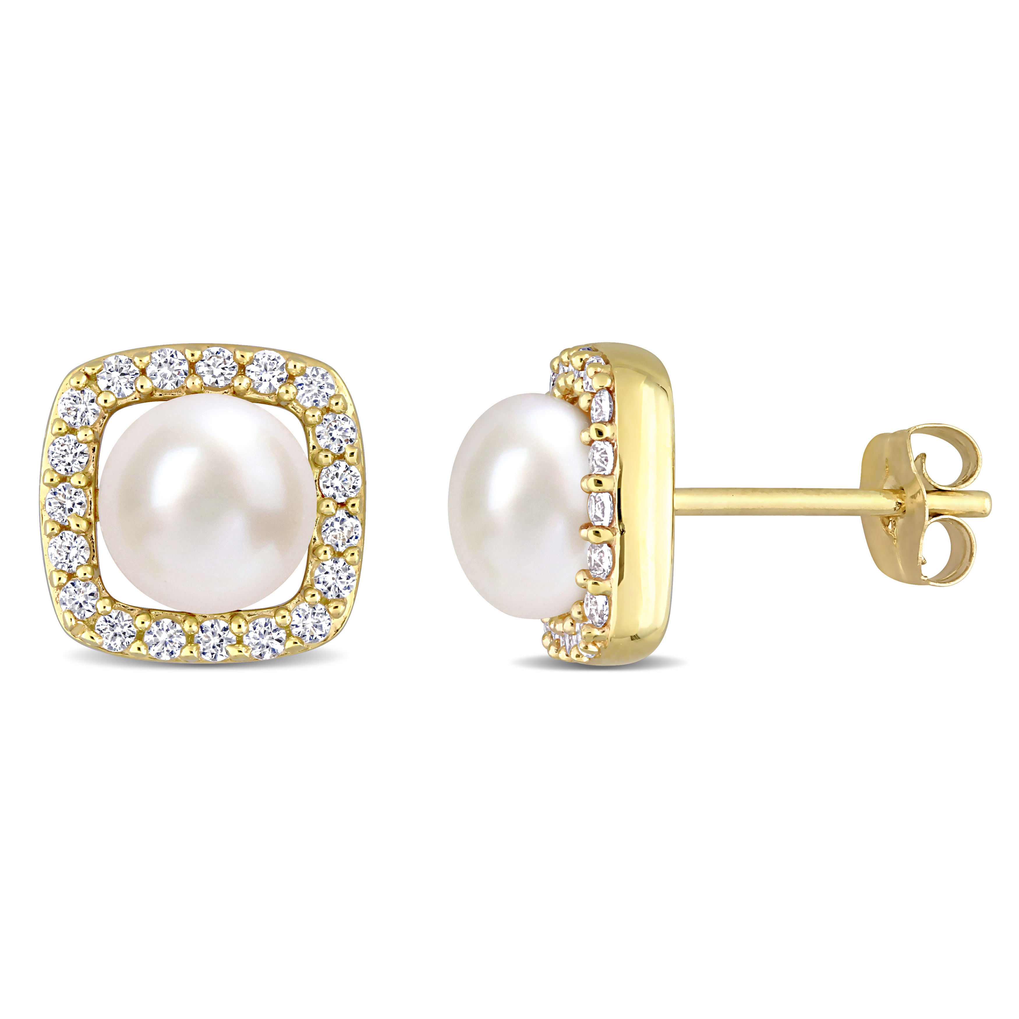 6 - 6.5 MM Cultured Freshwater Pearl and 3/8 CT TGW Created White Sapphire Halo Earrings in 10k Yellow Gold