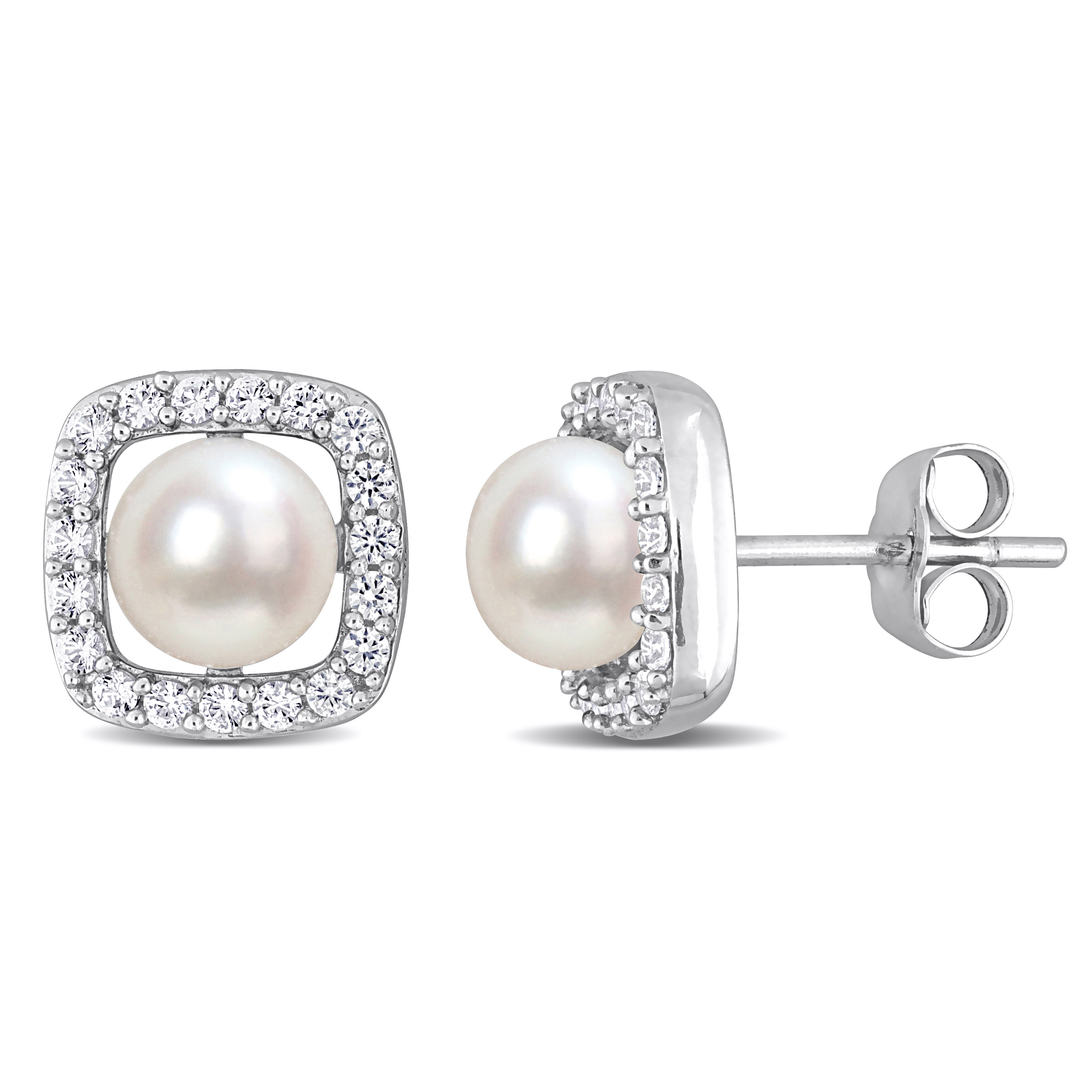 6-6.5 MM Cultured Freshwater Pearl and 3/8  CT TGW Created White Sapphire Halo Stud Earrings in 10k White Gold