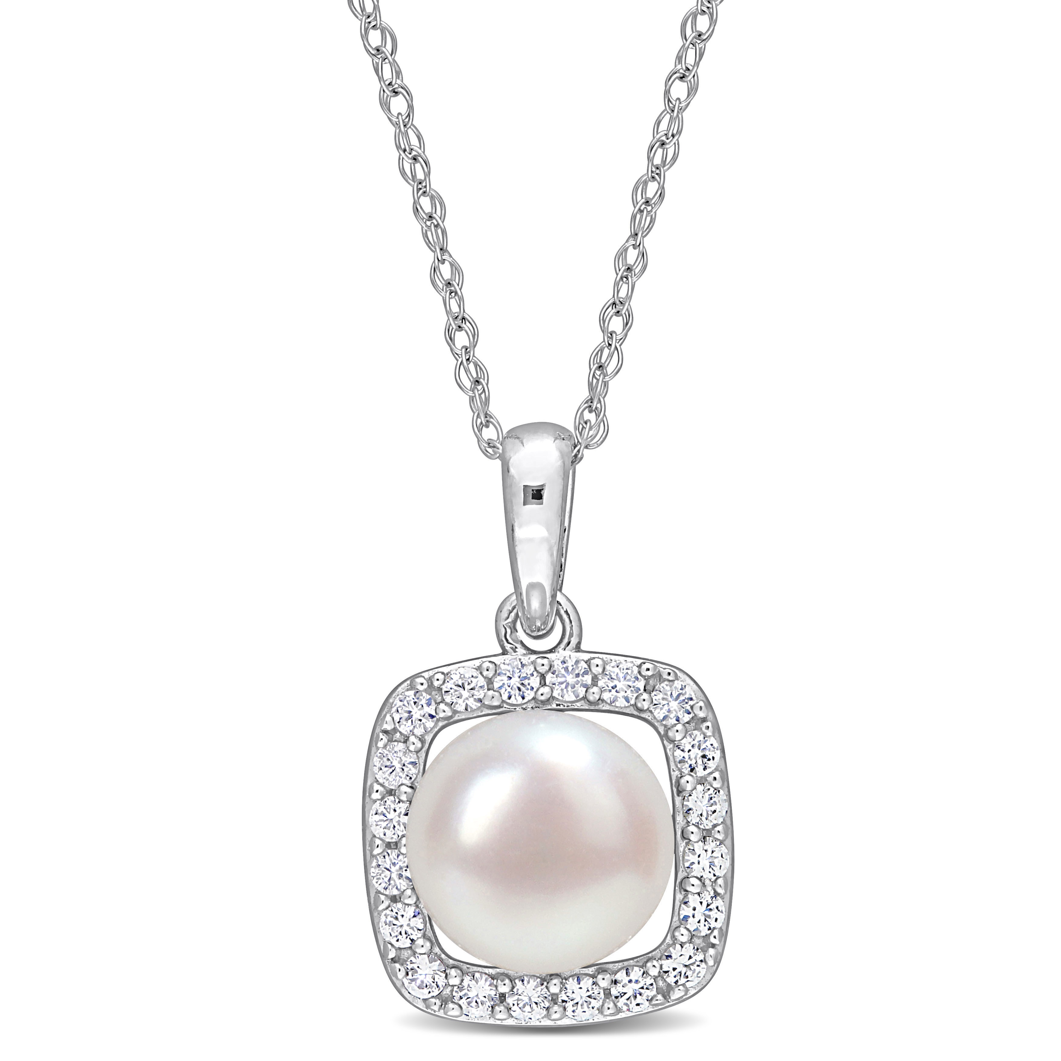 7 - 7.5 MM White Freshwater Cultured Pearl & 1/5 CT TGW Created White Sapphire 17" Necklace in 10k White Gold