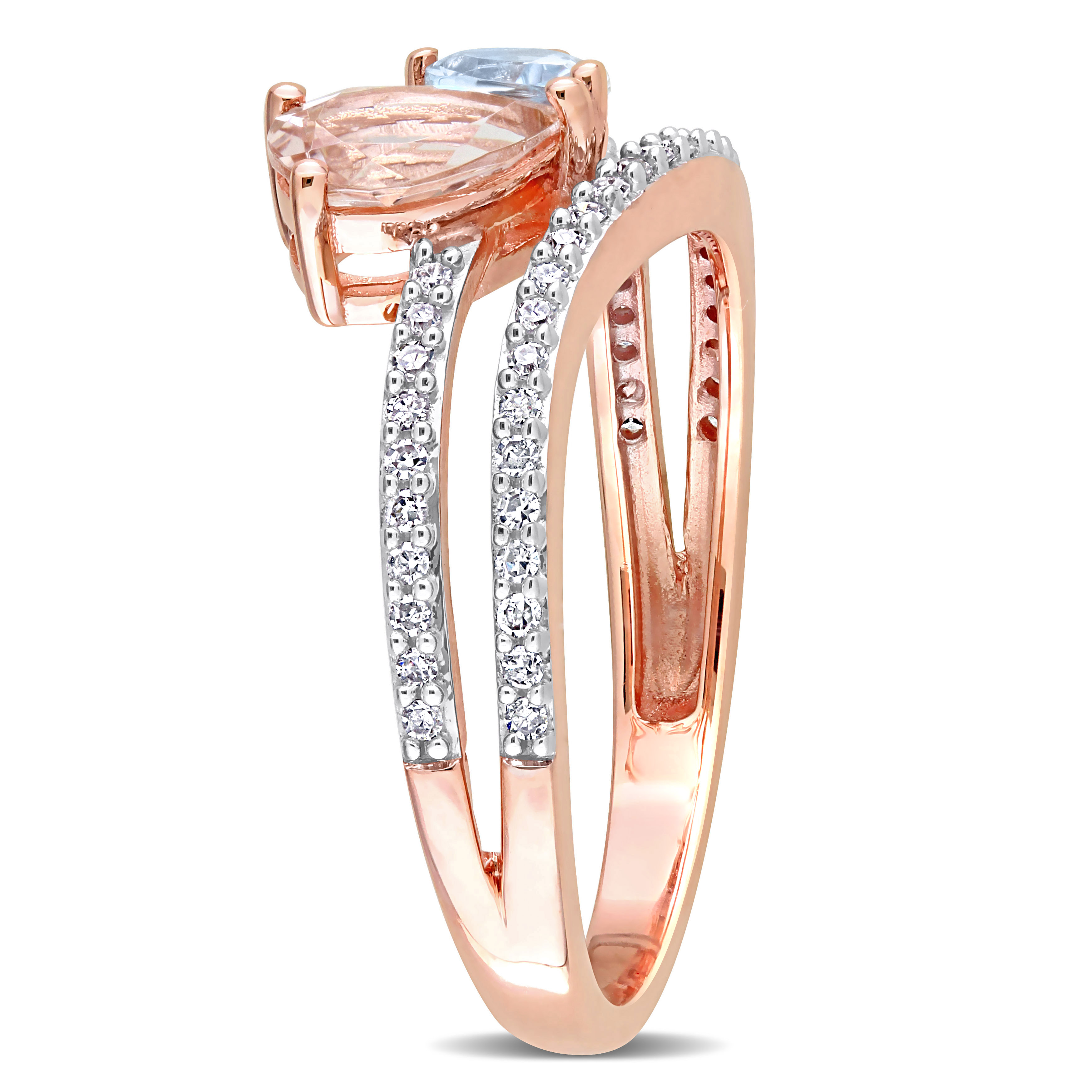 1 1/7 CT TGW Pear Shape Morganite and Aquamarine and 1/4 CT Diamond 2-Stone Open Ring in 10k Rose Gold