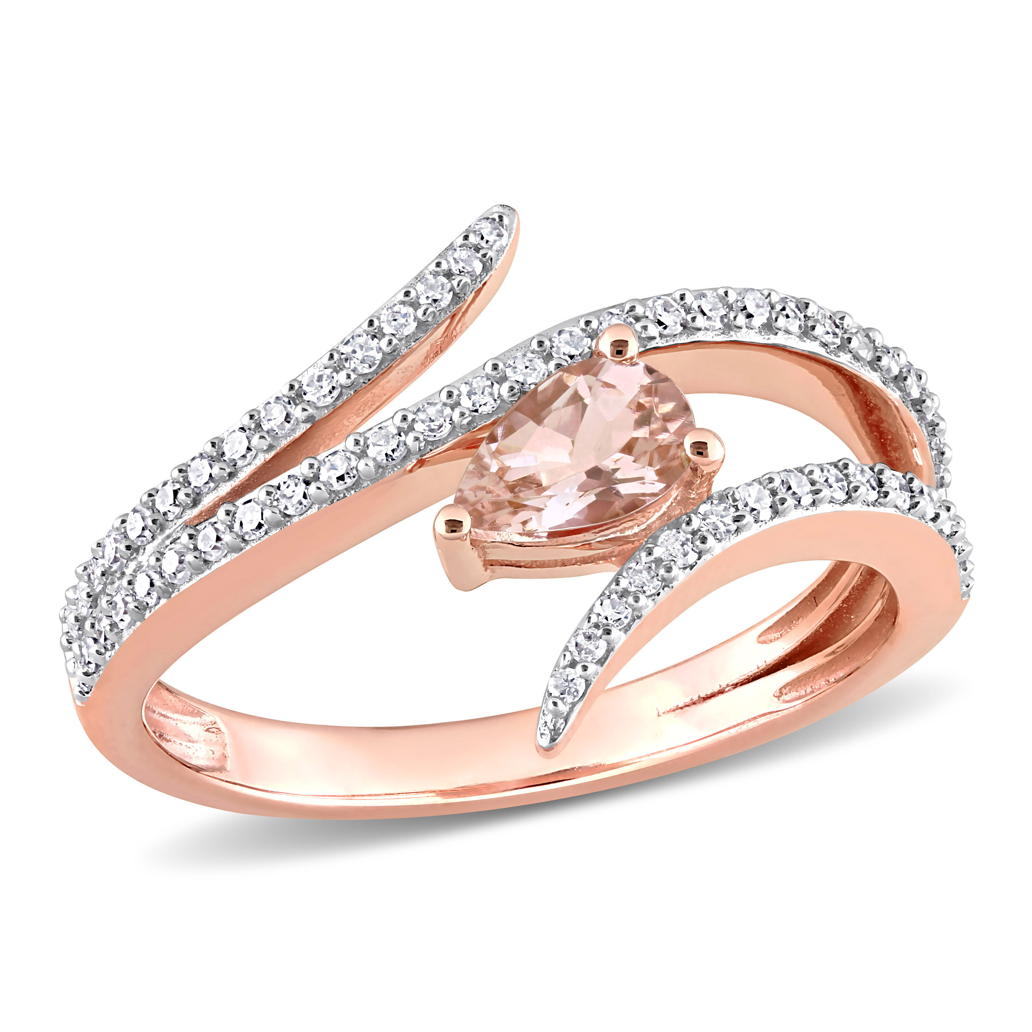 3/8 CT TGW Pear Shape Morganite and 1/4 CT Diamond Open Wrap Ring in 10k Rose Gold