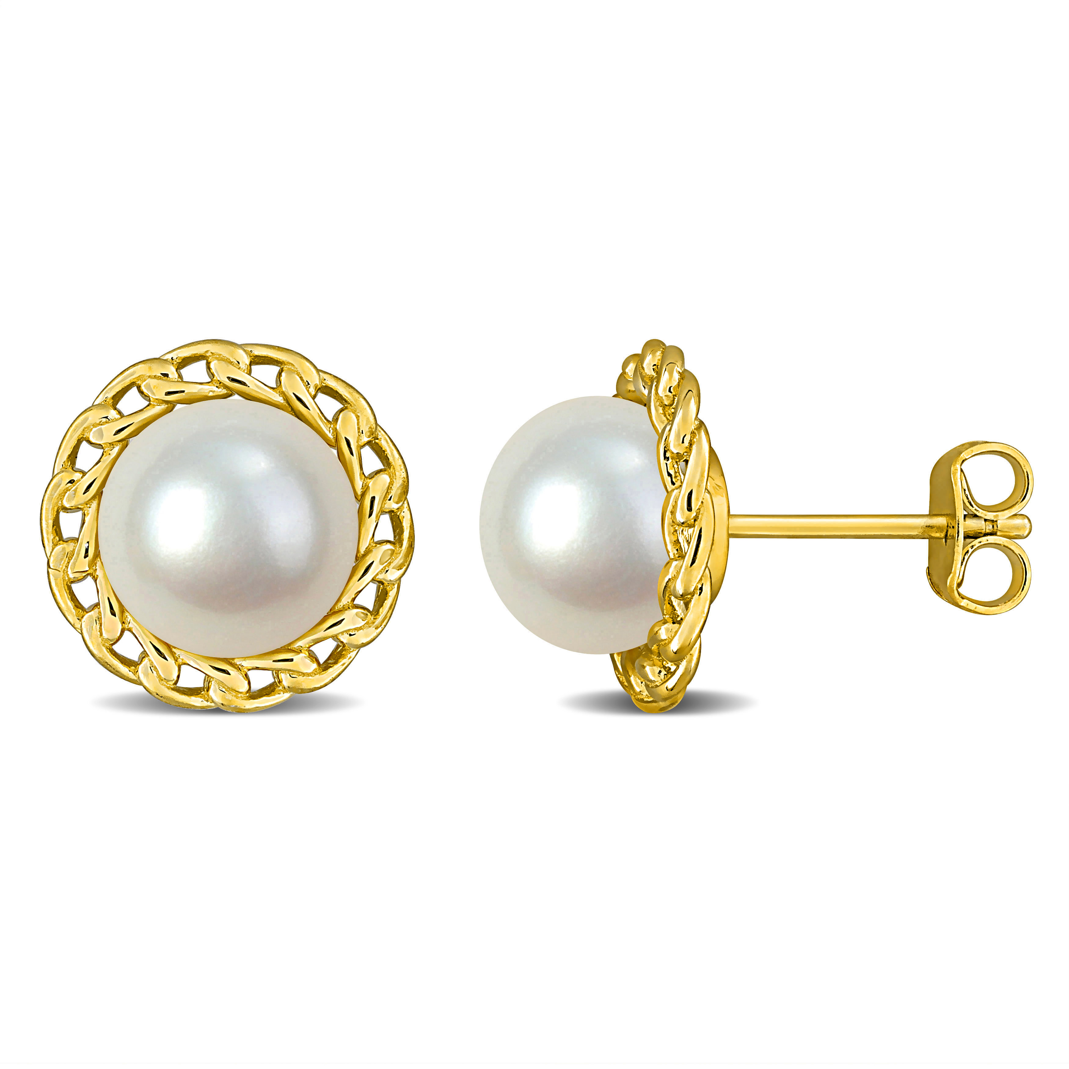 8-8.5 MM Cultured Freshwater Pearl Halo Link Stud Earrings in Yellow Plated Sterling Silver