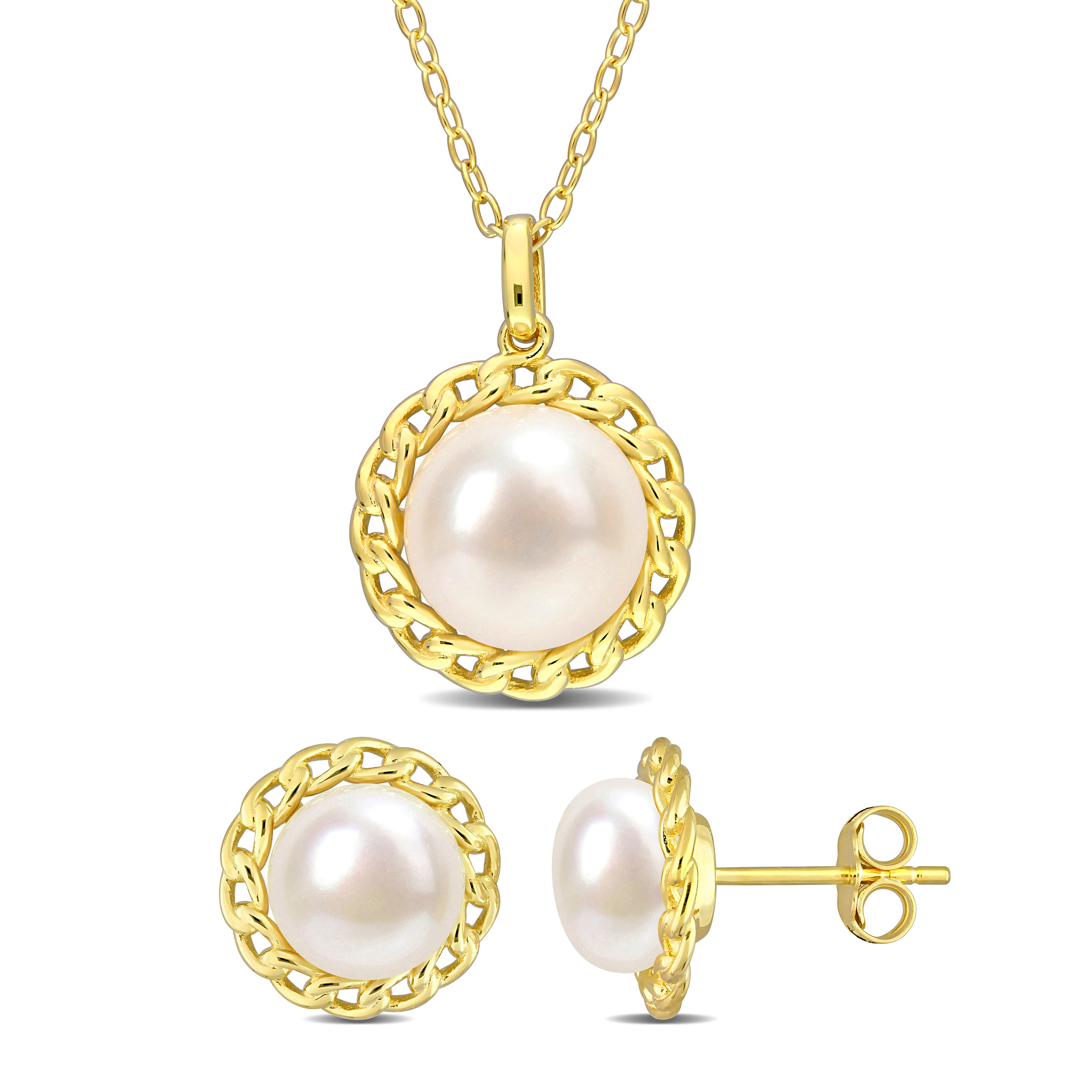 8 - 9.5 MM White Freshwater Cultured Pearl Fashion Earrings & Pendant Set With Chain in Yellow Plated Sterling Silver