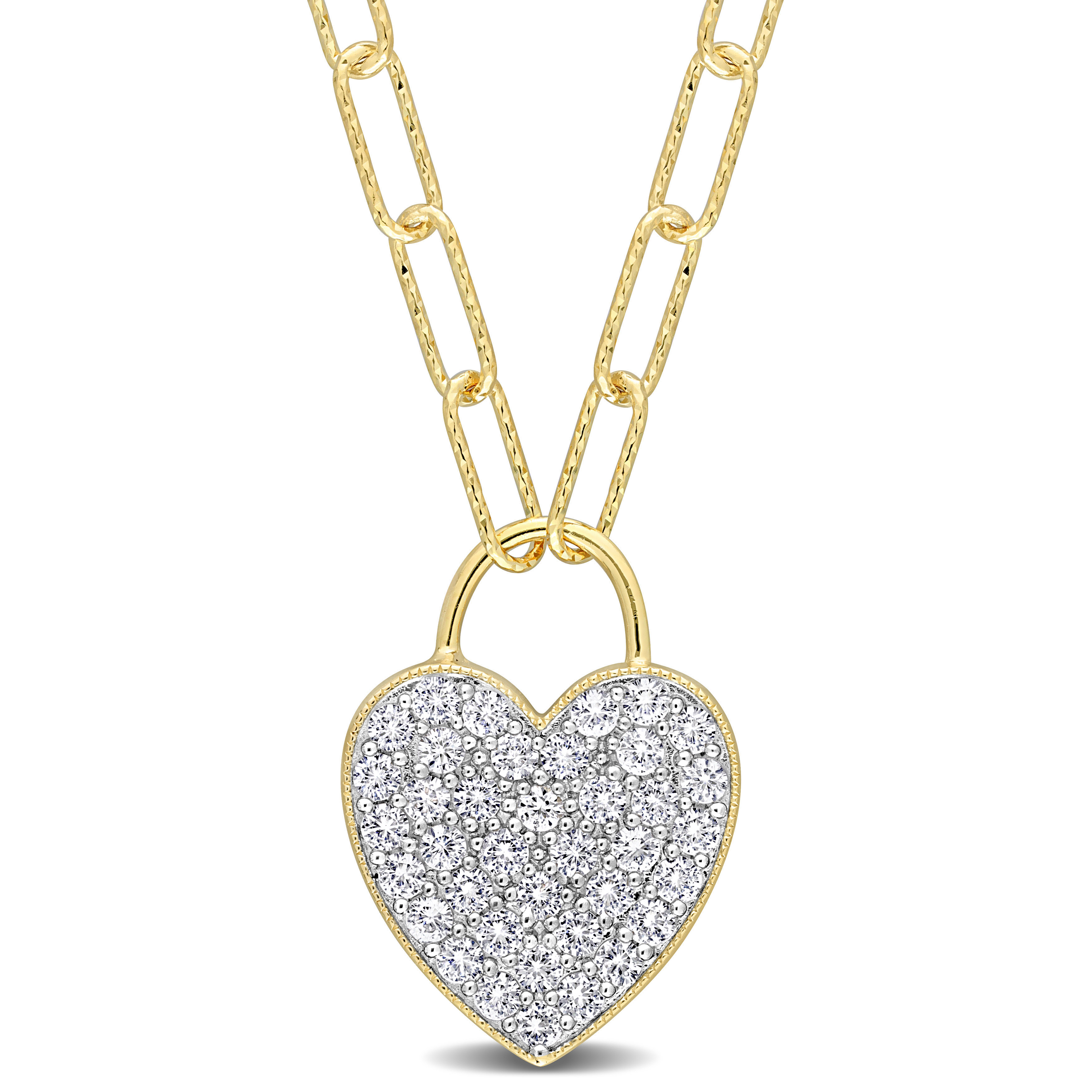 1 1/8 CT TGW Created White Sapphire Heart Pave Pendant with Chain in Yellow Plated Sterling Silver