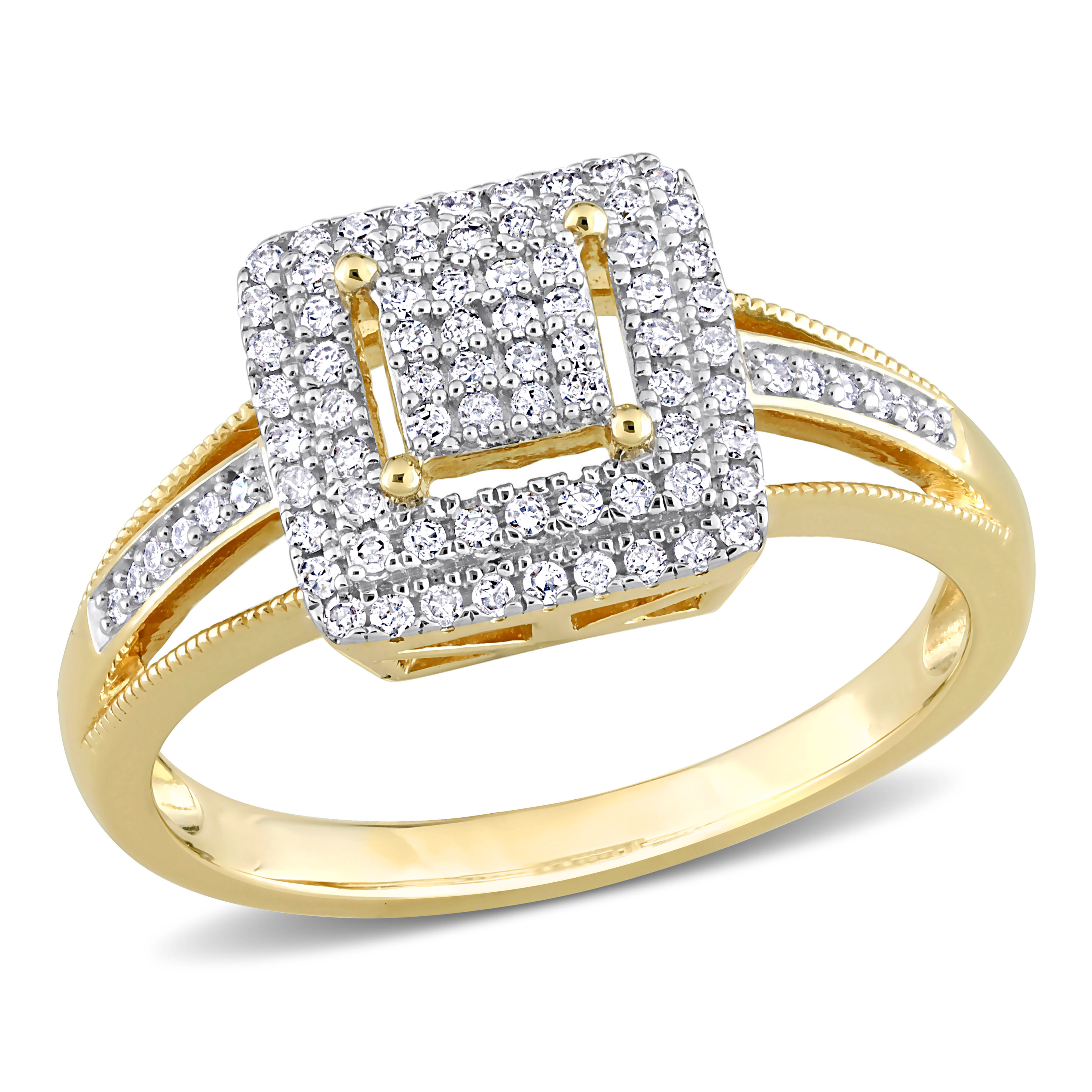 1/4 CT TDW Diamond Double Halo Square Cluster Ring in 10k Yellow Gold