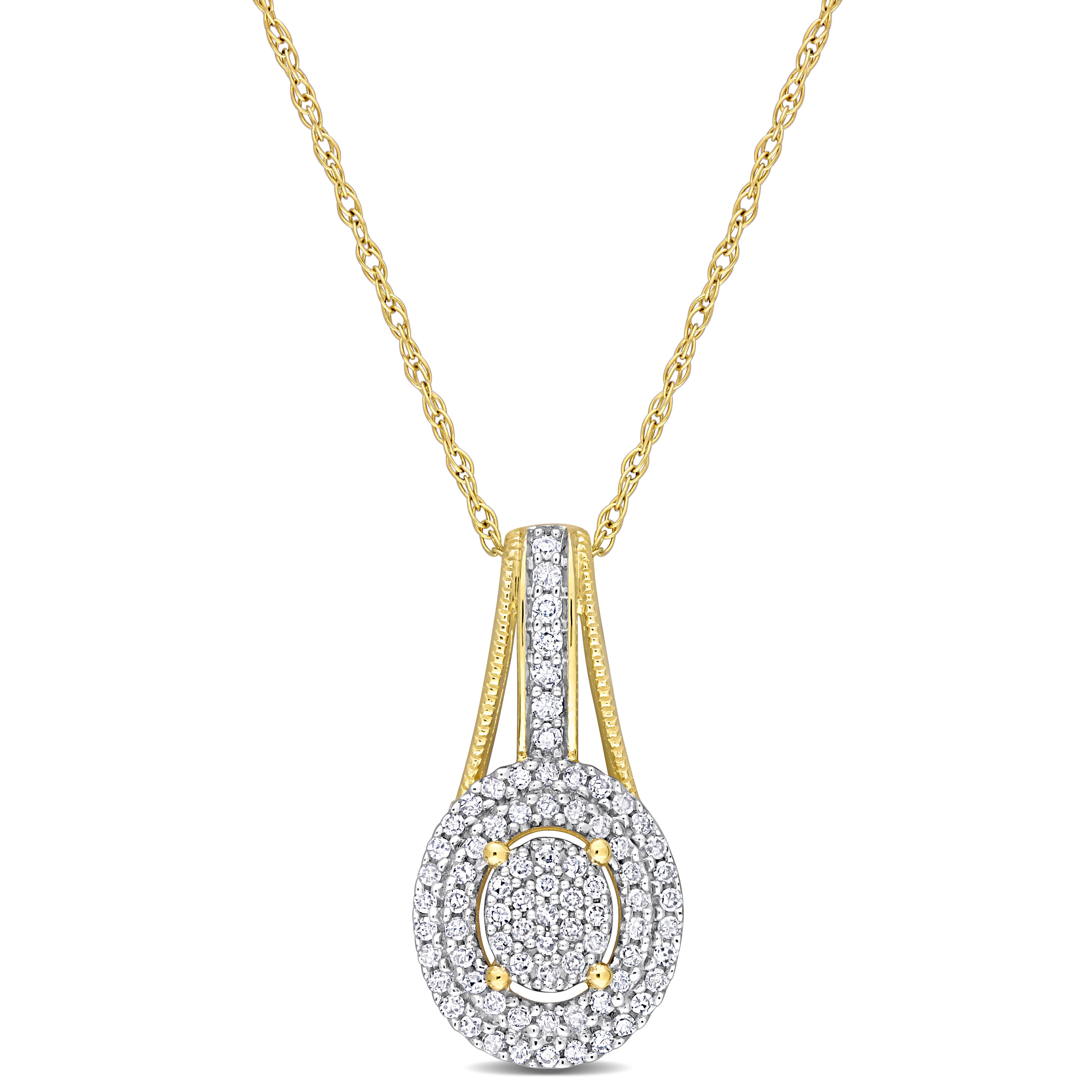 1/4 CT TDW Diamond Double Halo Oval Cluster Pendant with Chain in 10k Yellow Gold - 17 in.