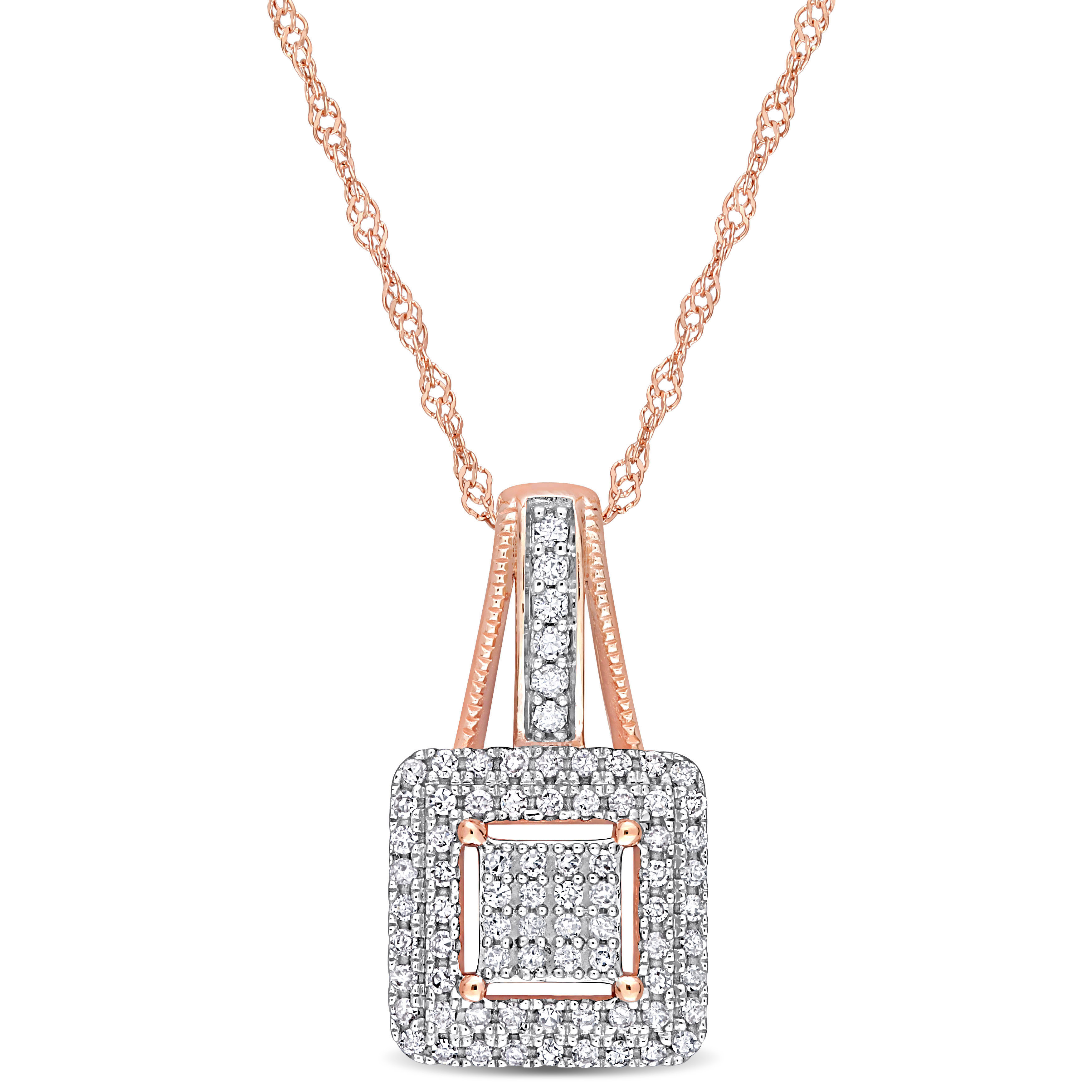 1/4 CT TDW Diamond Double Halo Square Cluster Pendant with Chain in 10k Rose Gold
