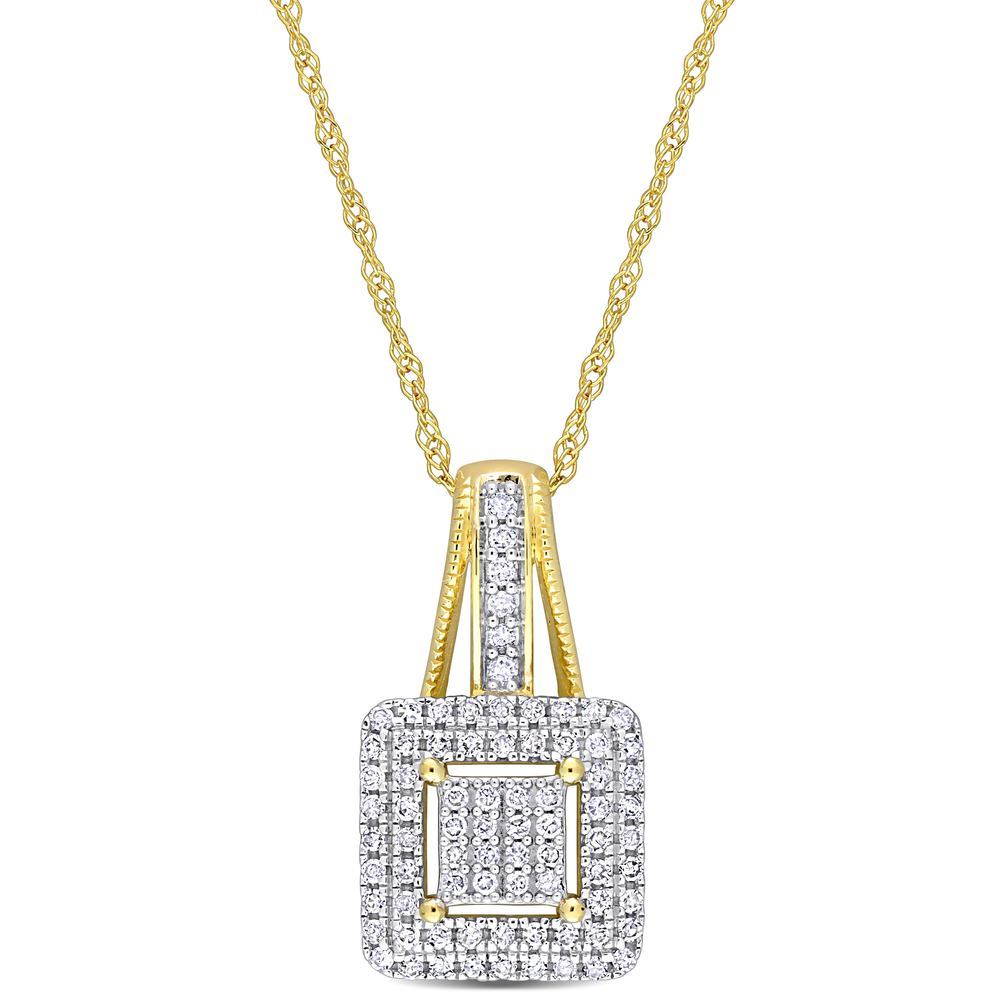 1/4 CT TDW Diamond Double Halo Square Cluster Pendant with Chain in 10k Yellow Gold