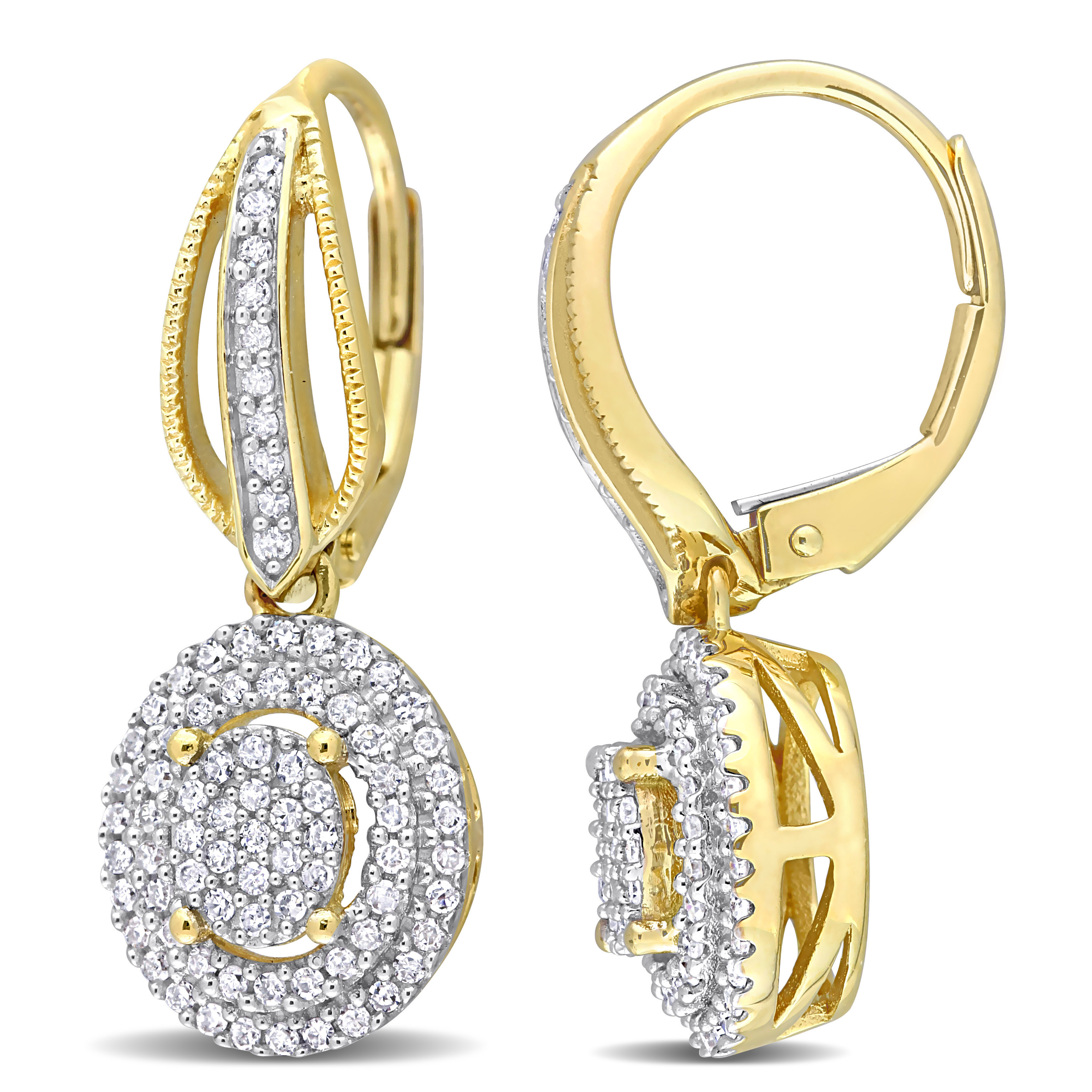 1/2 CT TDW Diamond Double Halo Oval Cluster Drop Leverback Earrings in 10k Yellow Gold