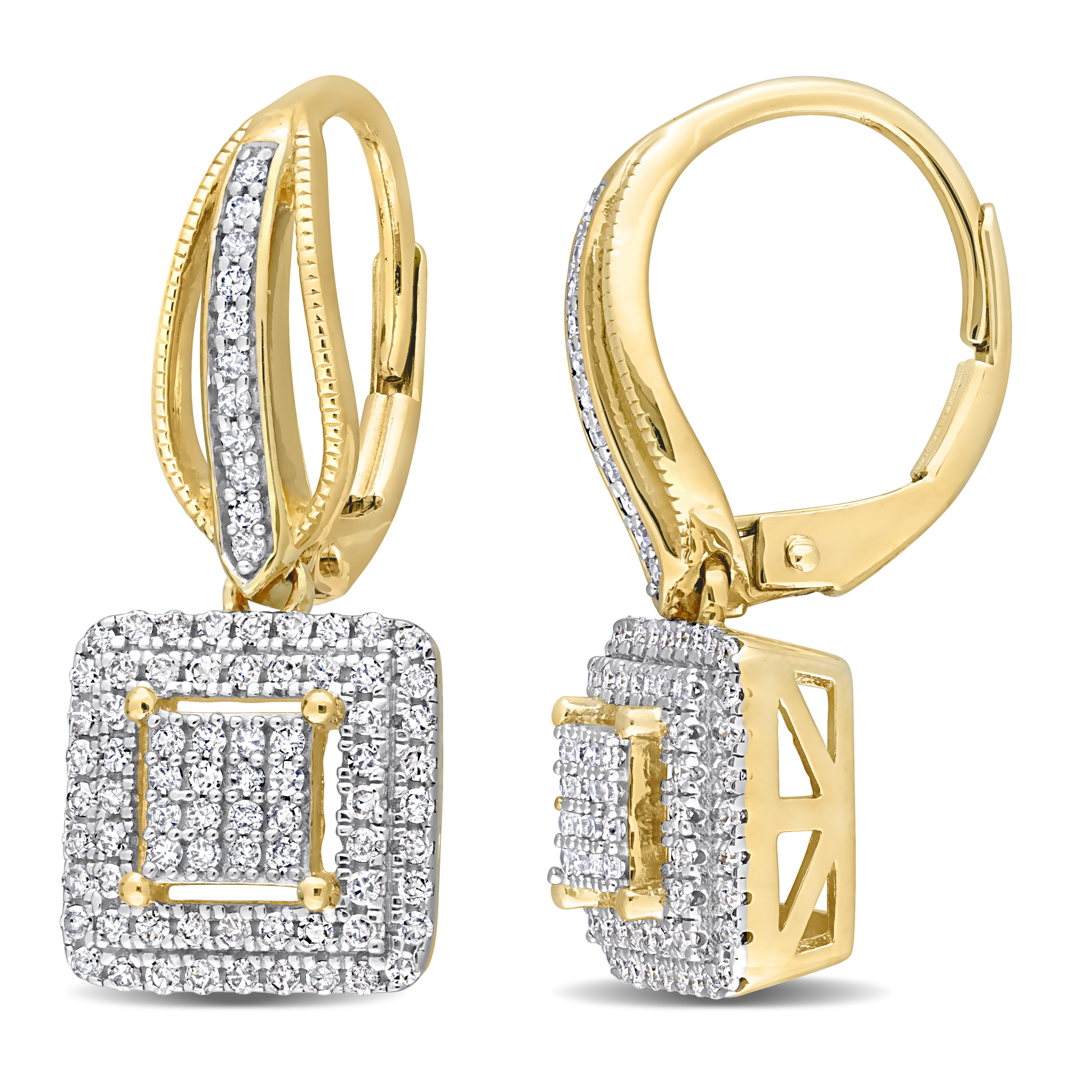 1/2 CT TDW Diamond Double Halo Square Cluster Drop Leverback Earrings in 10k Yellow Gold