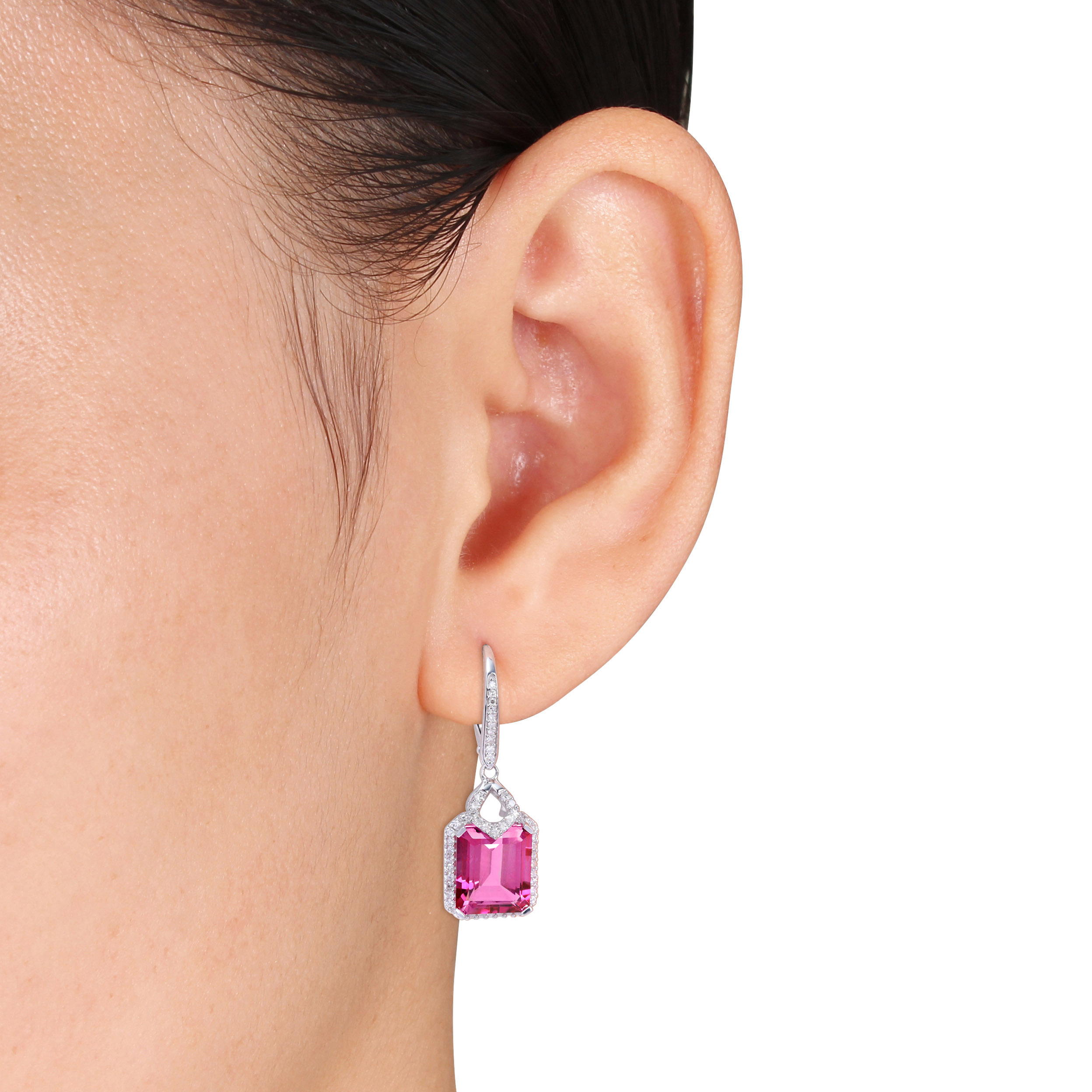 11 1/7 CT TGW Pink Topaz and 1/2 CT TW Diamond Halo Leverback Earrings in Sterling Silver