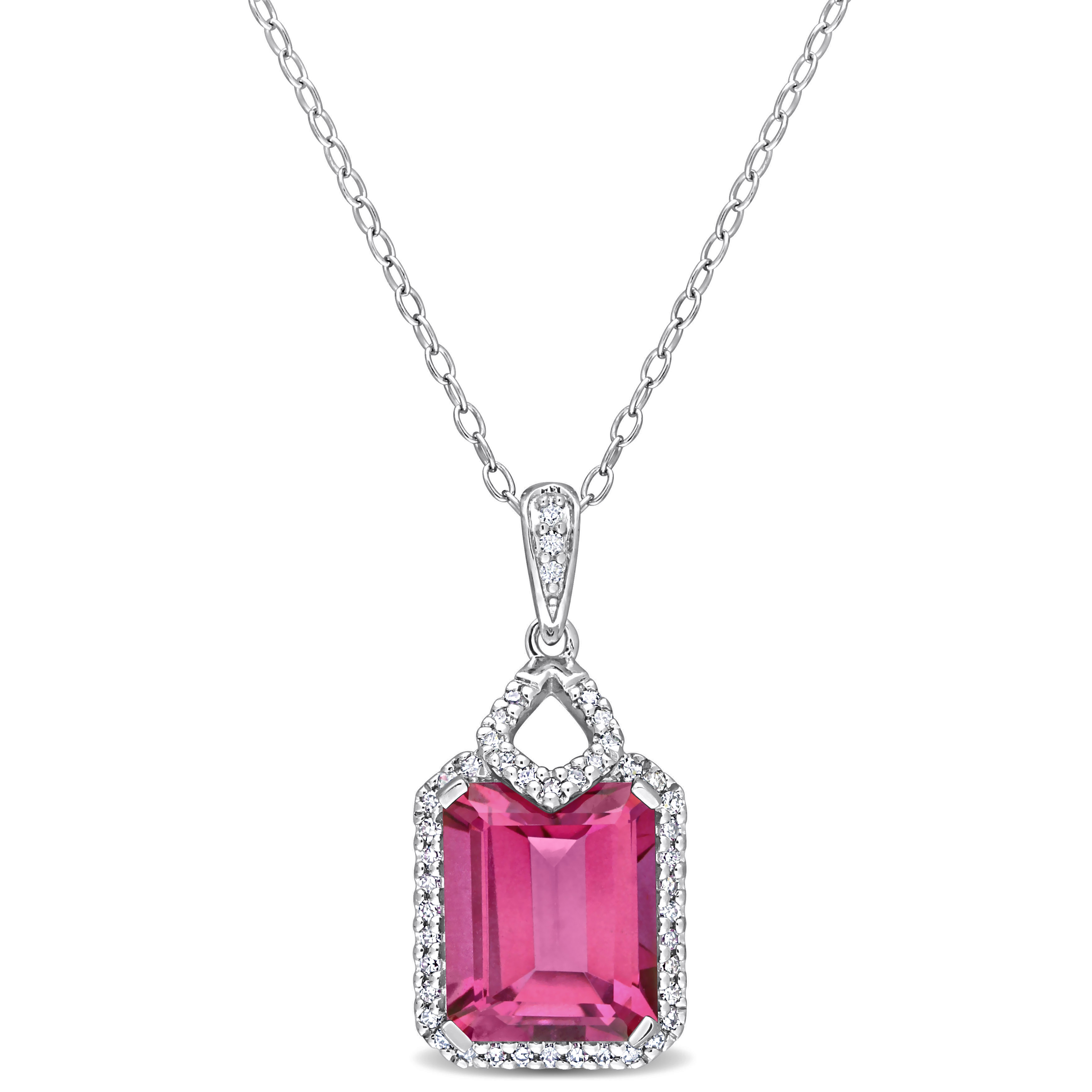 5 3/5 CT TGW Pink Topaz and 1/4 CT TW Diamond Halo Pendant with Chain in Sterling Silver - 18 in.