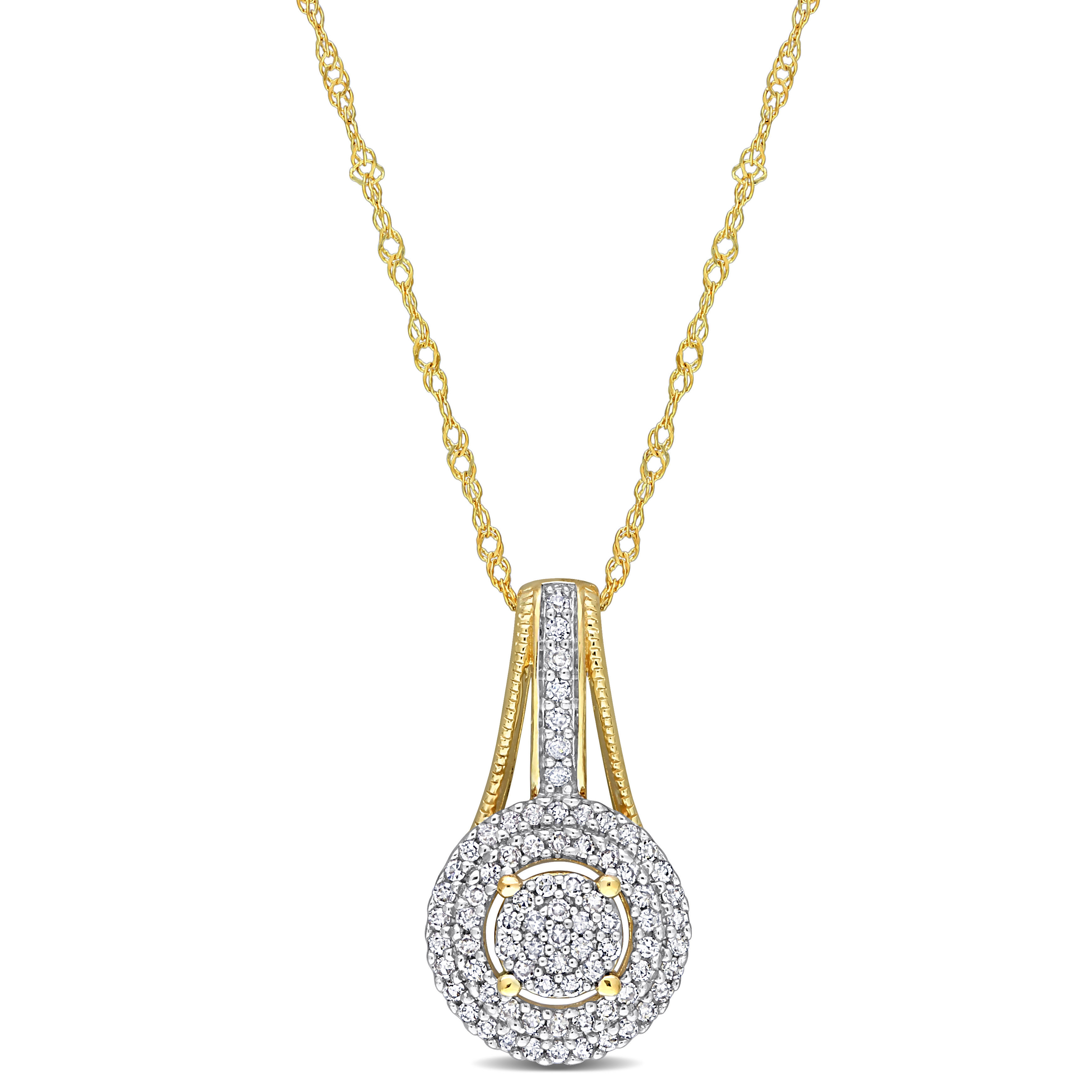 1/4 CT TDW Diamond Double Halo Round Cluster Pendant with Chain in 10k Yellow Gold