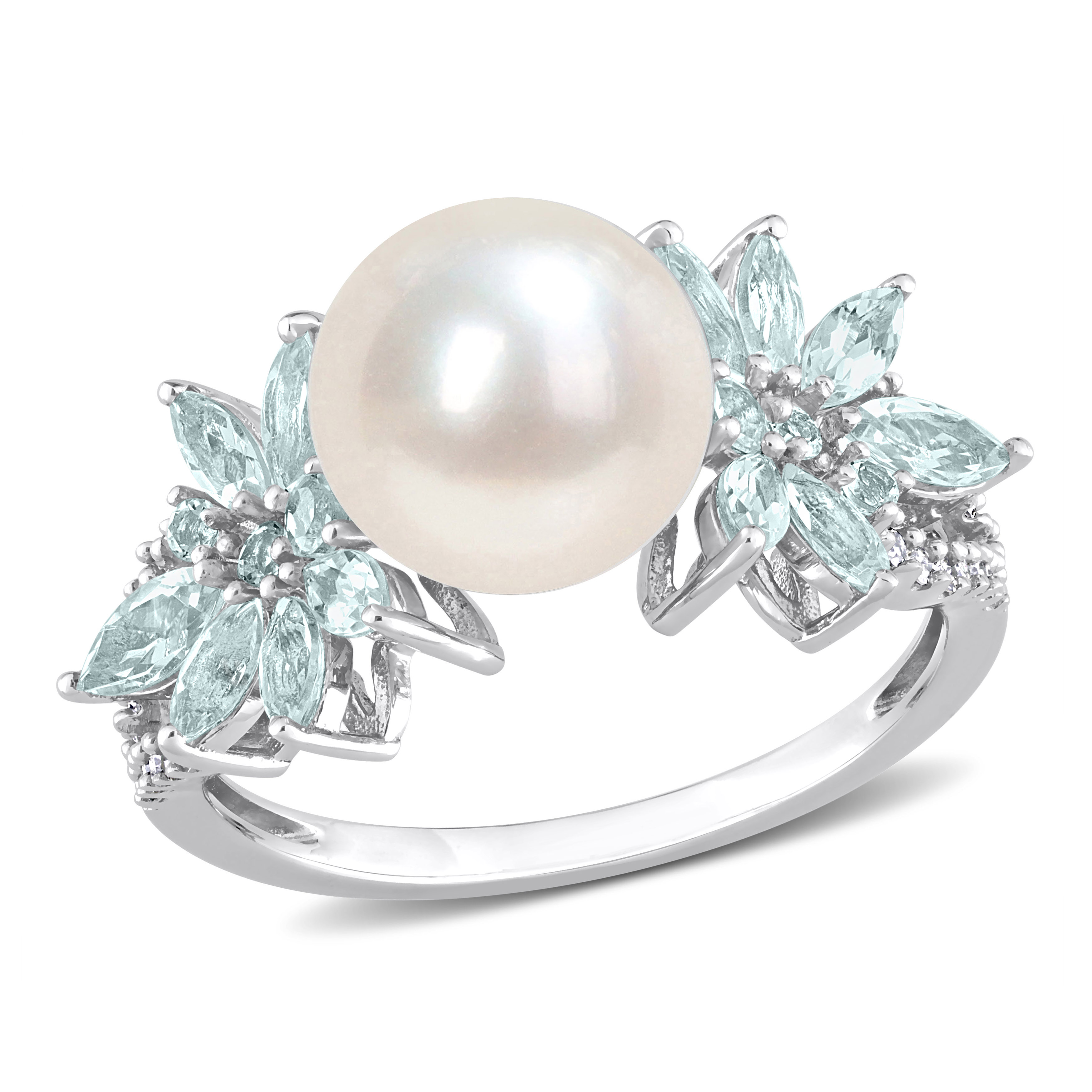 9-9.5MM Cultured Freshwater Pearl and 3/5 CT TGW Aquamarine and 1/8 CT TW Diamond Flower Ring in 14k White Gold