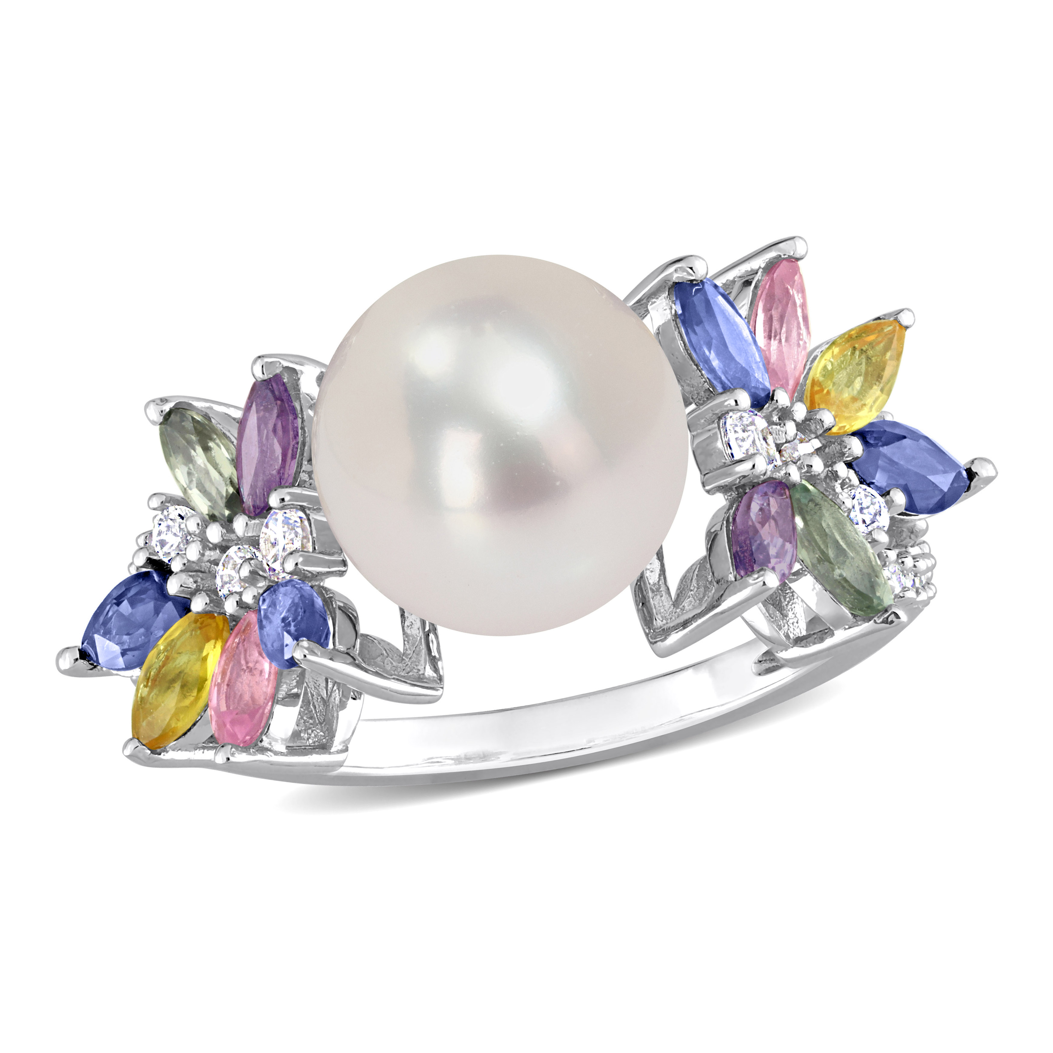 9-9.5mm Cultured Freshwater Pearl and 1 3/4 CT TGW Multi Sapphire and 1/8 CT TW Diamond Flower Ring in 14k White Gold