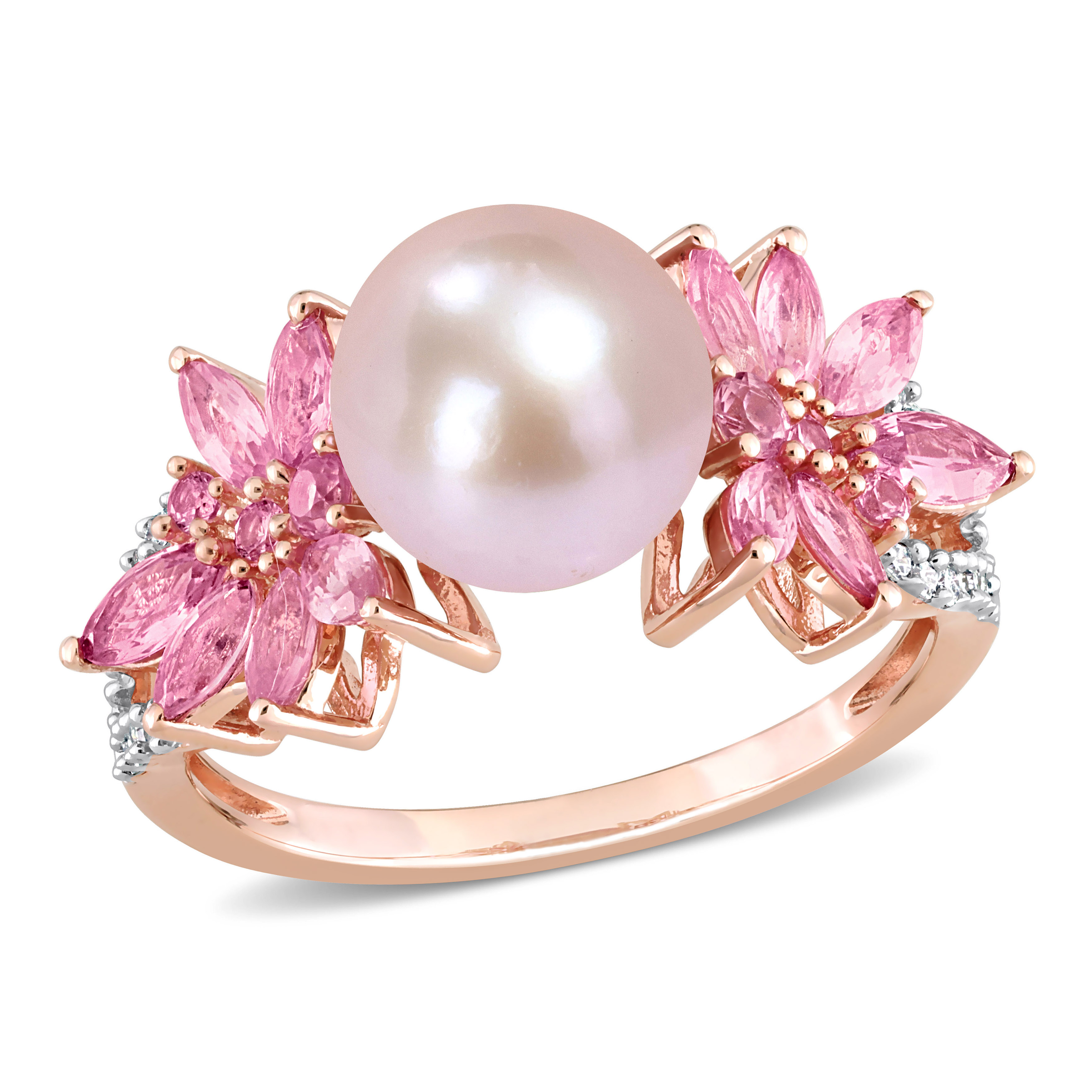 9-9.5mm Cultured Freshwater Pearl and 3/4 CT TGW Pink Sapphire and 1/8 CT TW Diamond Flower Ring in 14k Rose Gold