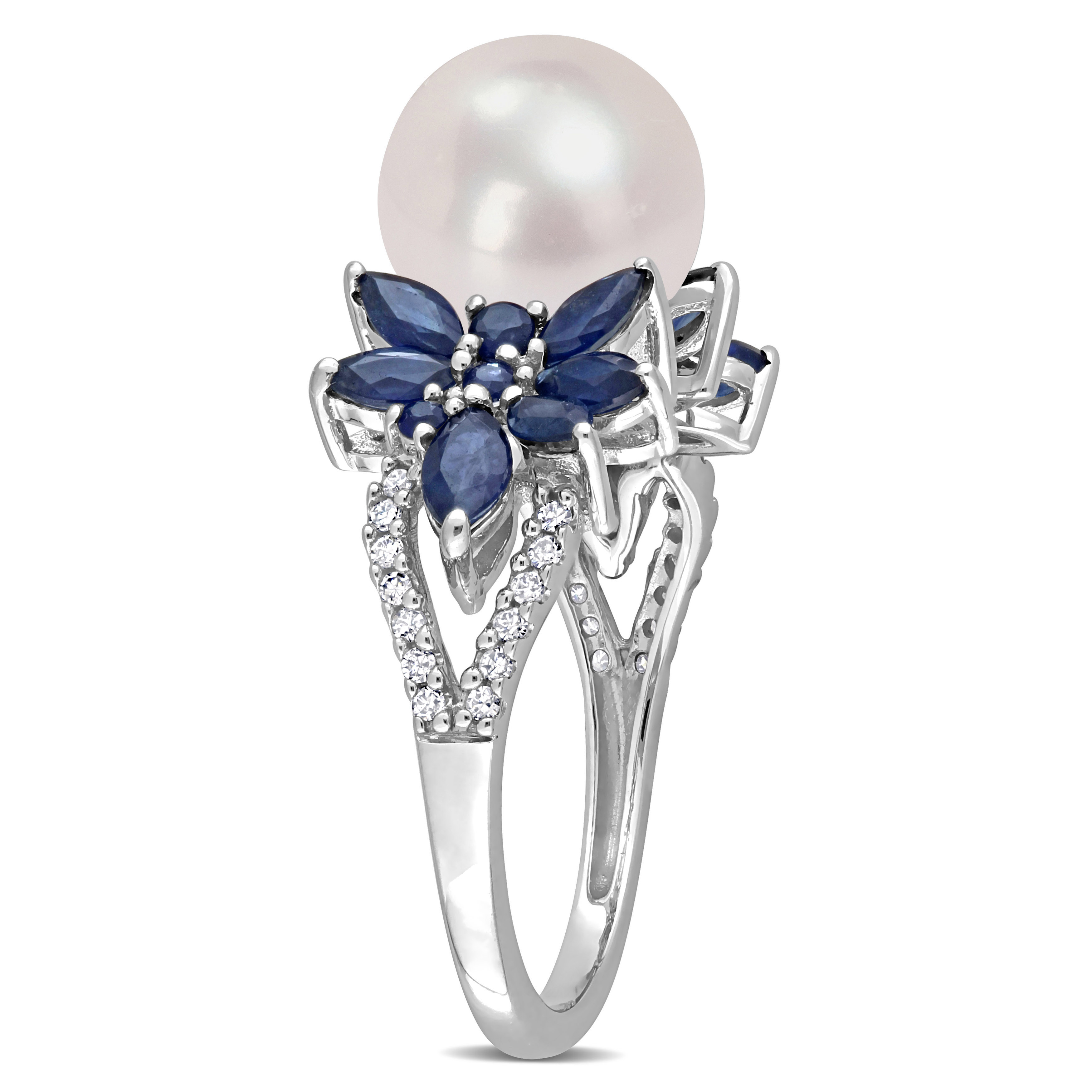 9-9.5mm Cultured Freshwater Pearl and 3/8 CT TGW Sapphire and 1/8 CT TW Diamond Flower Ring in 14k White Gold