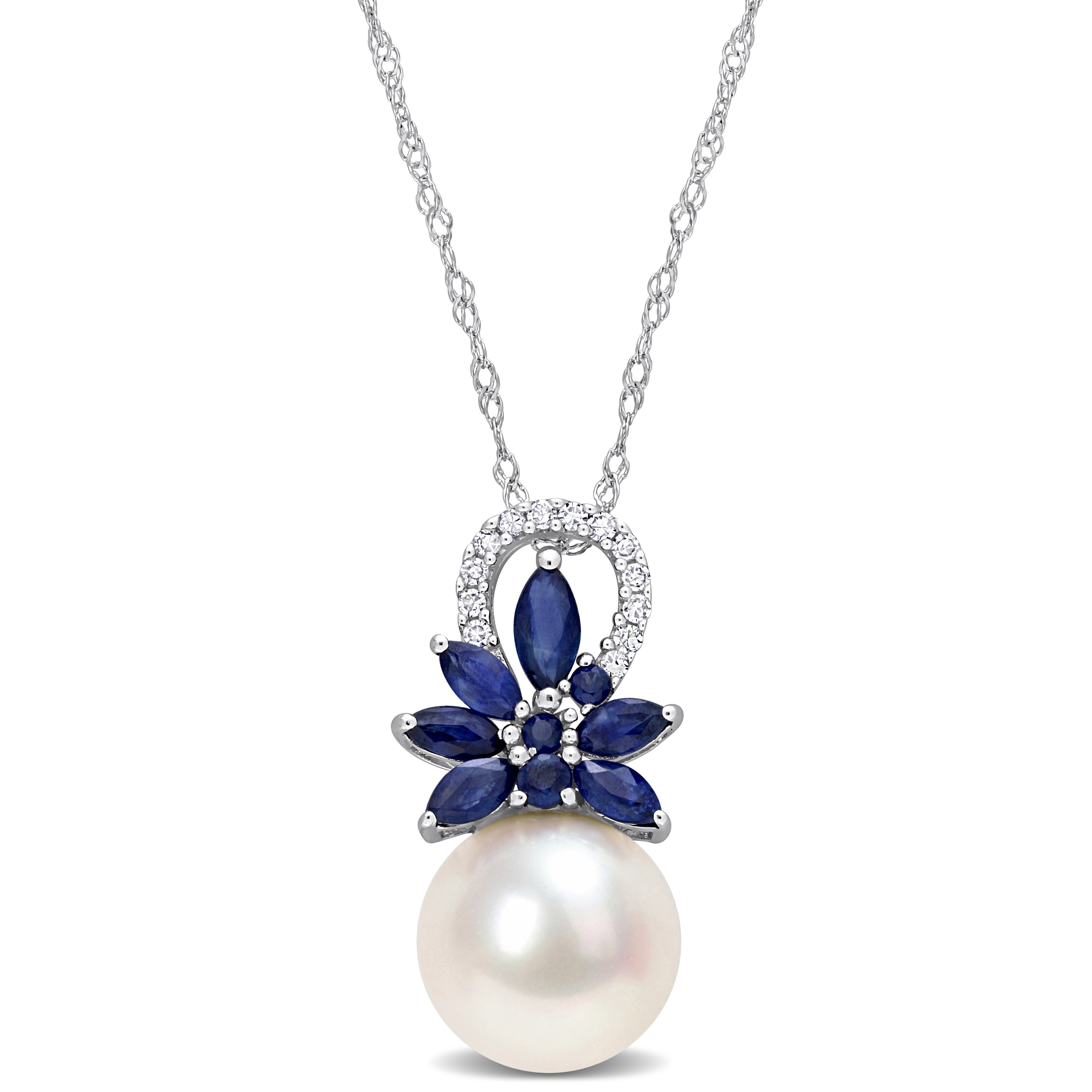 9.5-10 MM Cultured Freshwater Pearl and 3/8 CT TGW Sapphire and nd Diamond Accent Flower Pendant with Chain in 14k White Gold