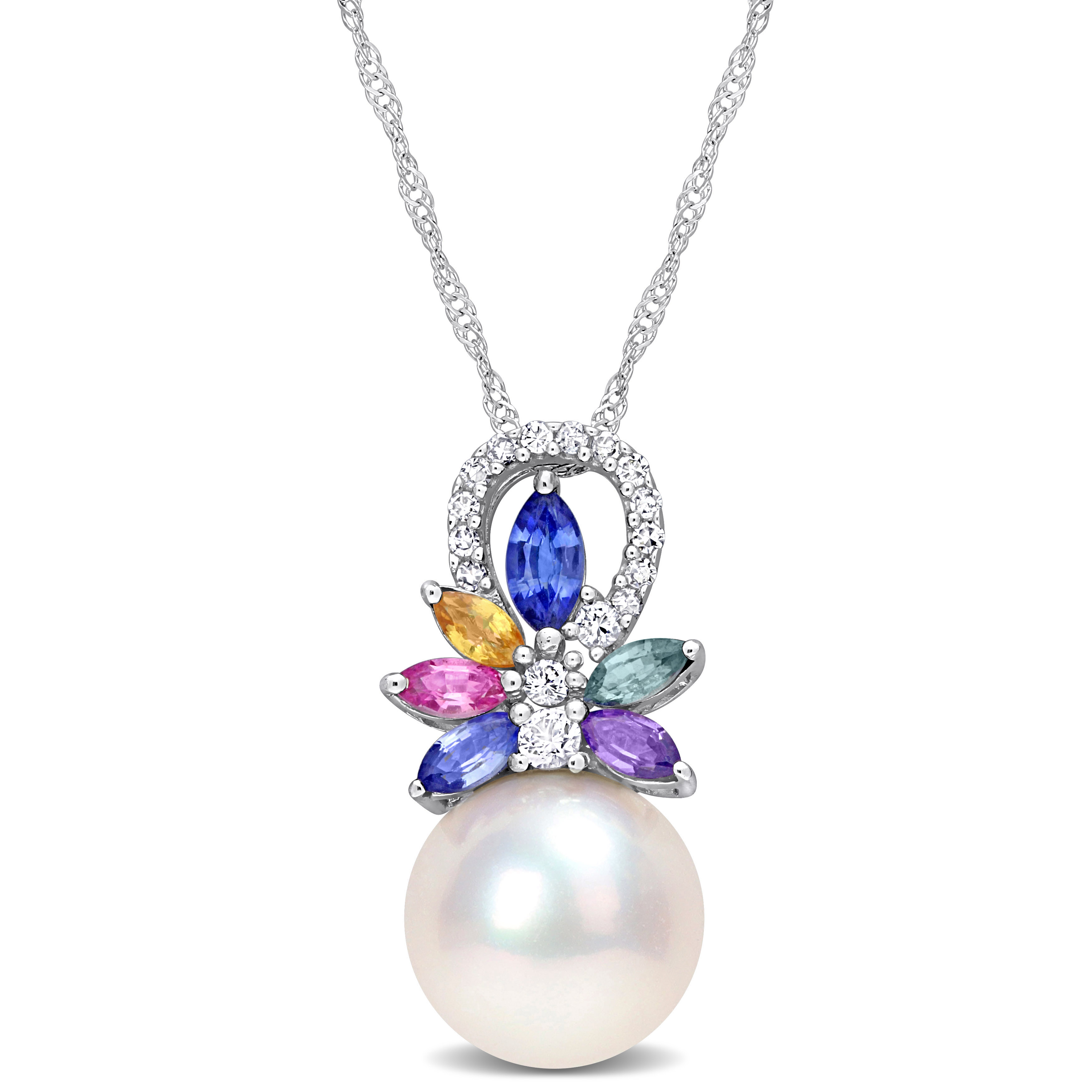 9.5-10 MM Cultured Freshwater Pearl and 4/5 CT TGW Multi Sapphire (Light Blue, White, Yellow, Pink, Purple & Green) and Diamond Accent Flower Pendant with Chain in 14k White Gold