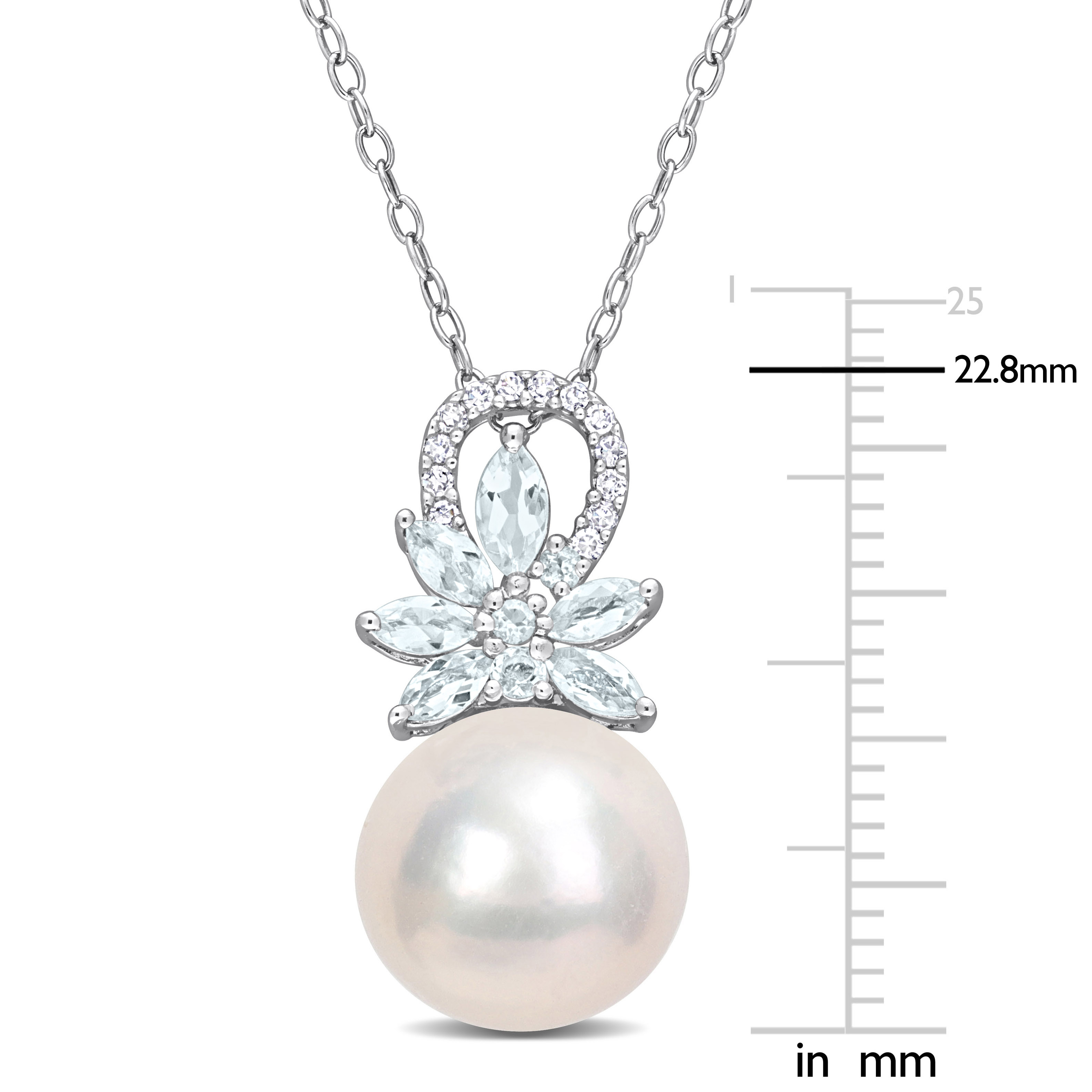 11-12mm Cultured Freshwater Pearl and 5/8 CT TGW Aquamarine and Diamond Accent Flower Pendant with Chain in Sterling Silver