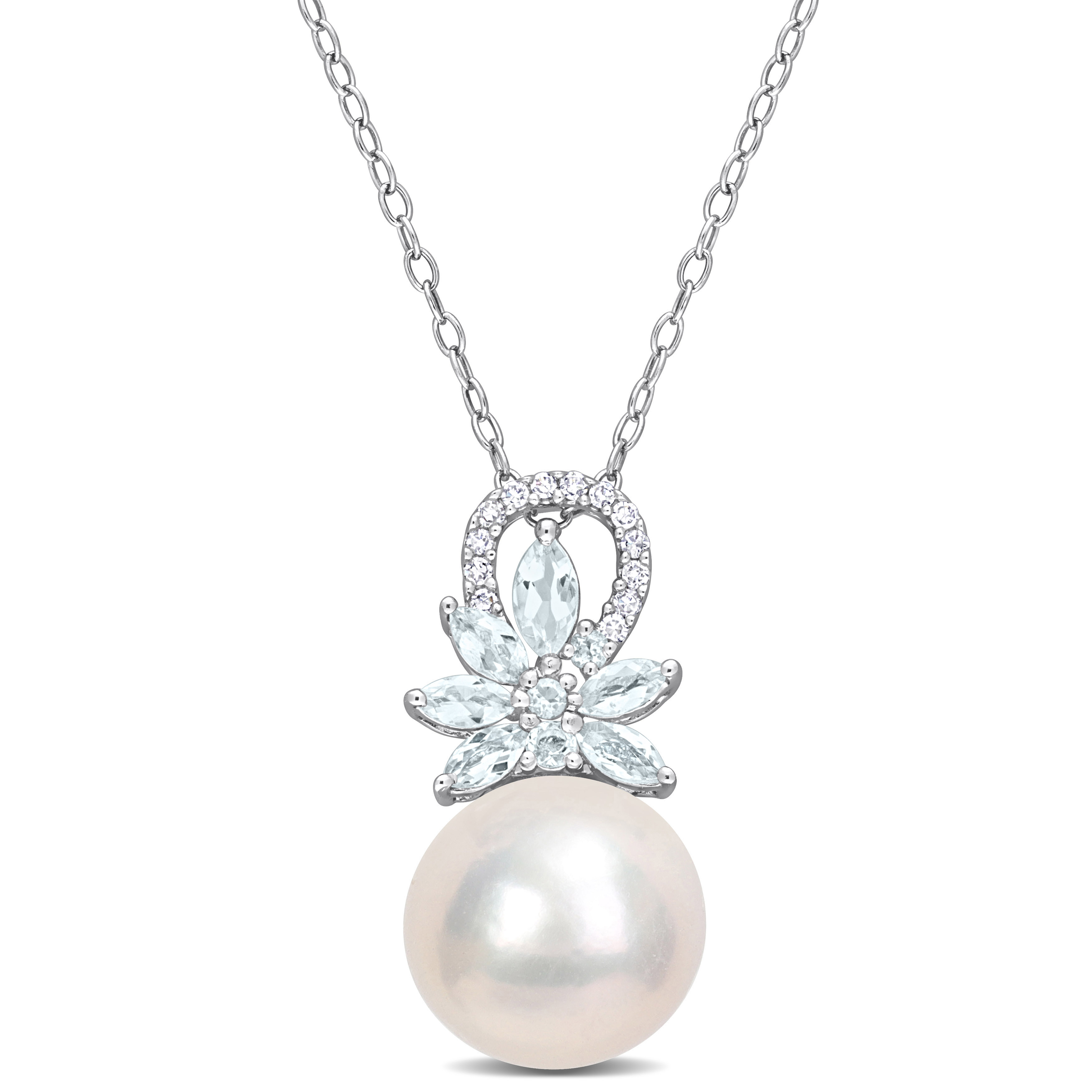 11-12mm Cultured Freshwater Pearl and 5/8 CT TGW Aquamarine and Diamond Accent Flower Pendant with Chain in Sterling Silver