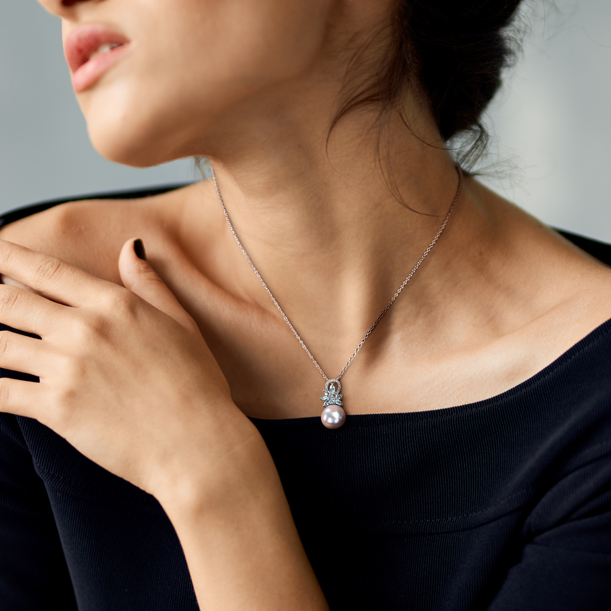 11-12mm Cultured Freshwater Pearl and 5/8 CT TGW Aquamarine and Diamond Accent Flower Pendant with Chain in Sterling Silver