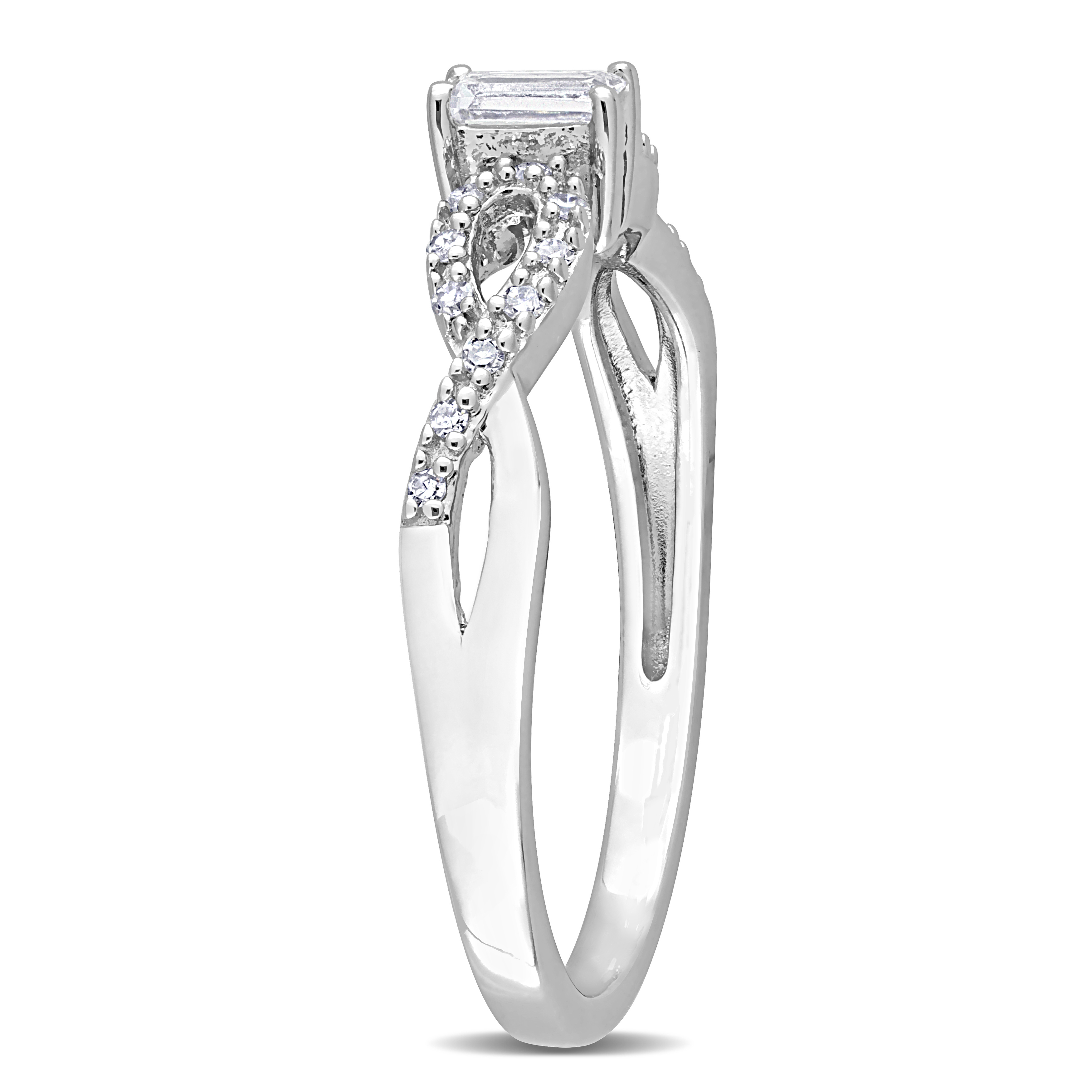 1/5 CT TGW Emerald Cut Created White Sapphire and 1/10 CT TW Diamond Infinity Ring in Sterling Silver