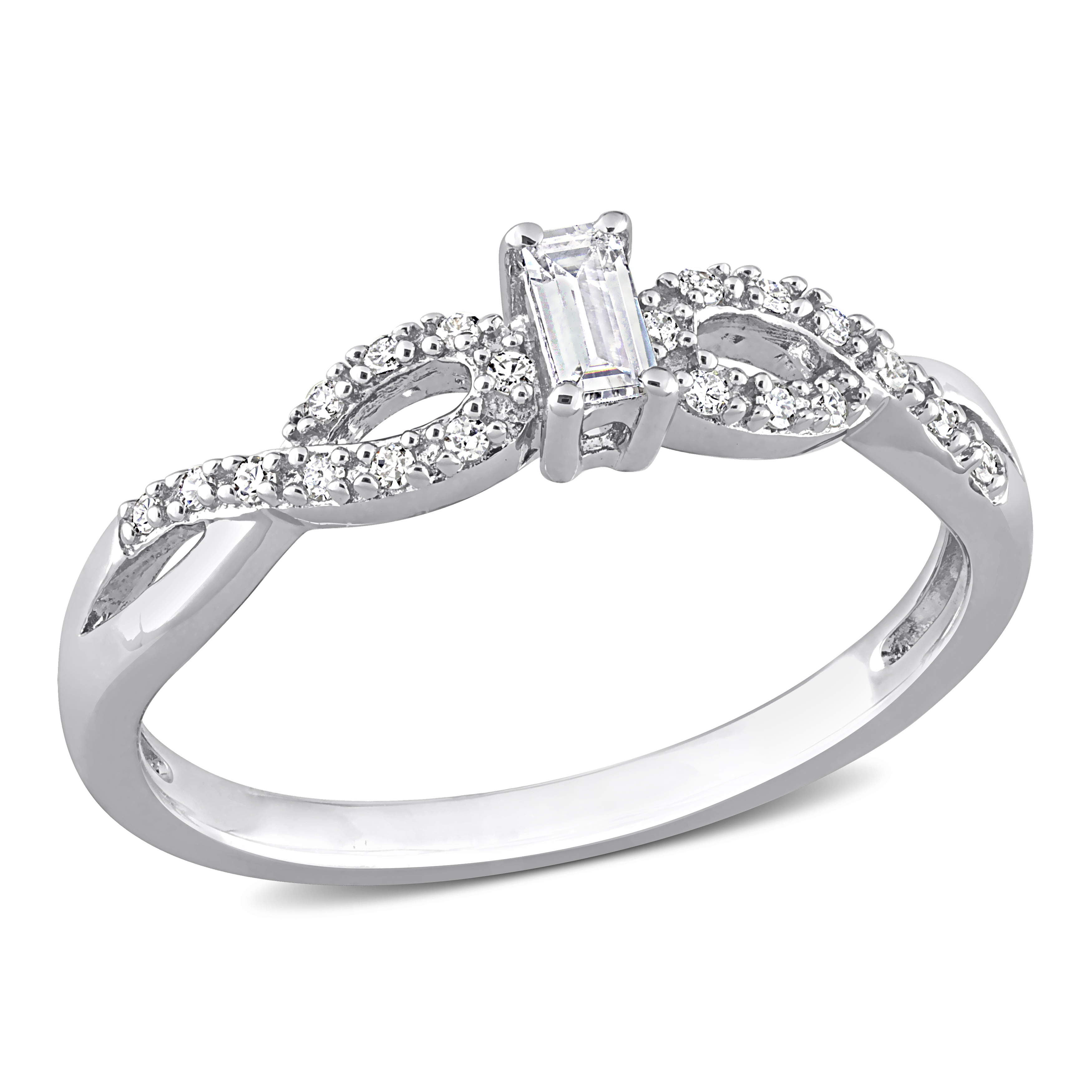 1/5 CT TGW Emerald Cut Created White Sapphire and 1/10 CT TW Diamond Infinity Ring in Sterling Silver