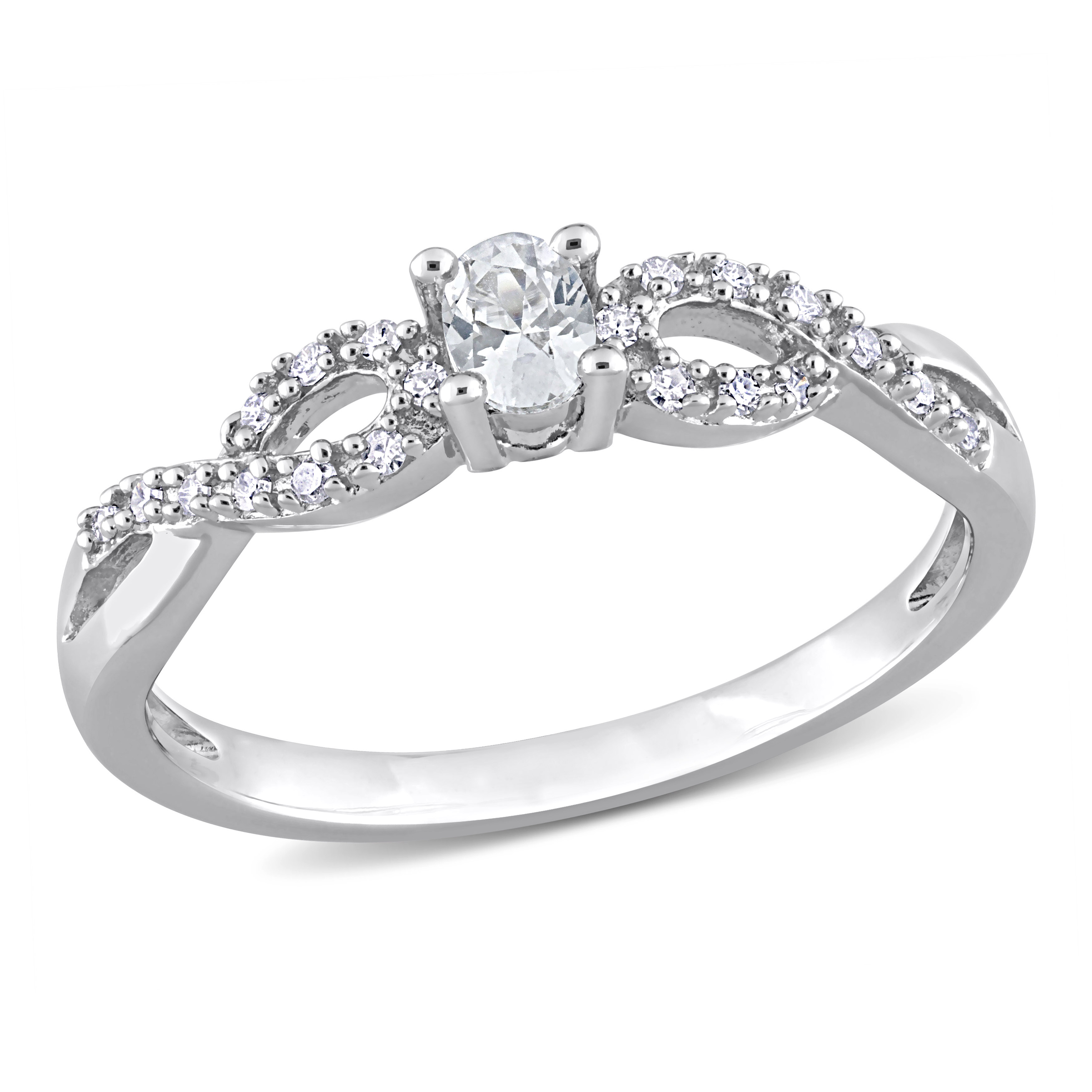 1/4 CT TGW Oval Cut Created White Sapphire and 1/10 CT TW Diamond Infinity Engagement Ring in Sterling Silver