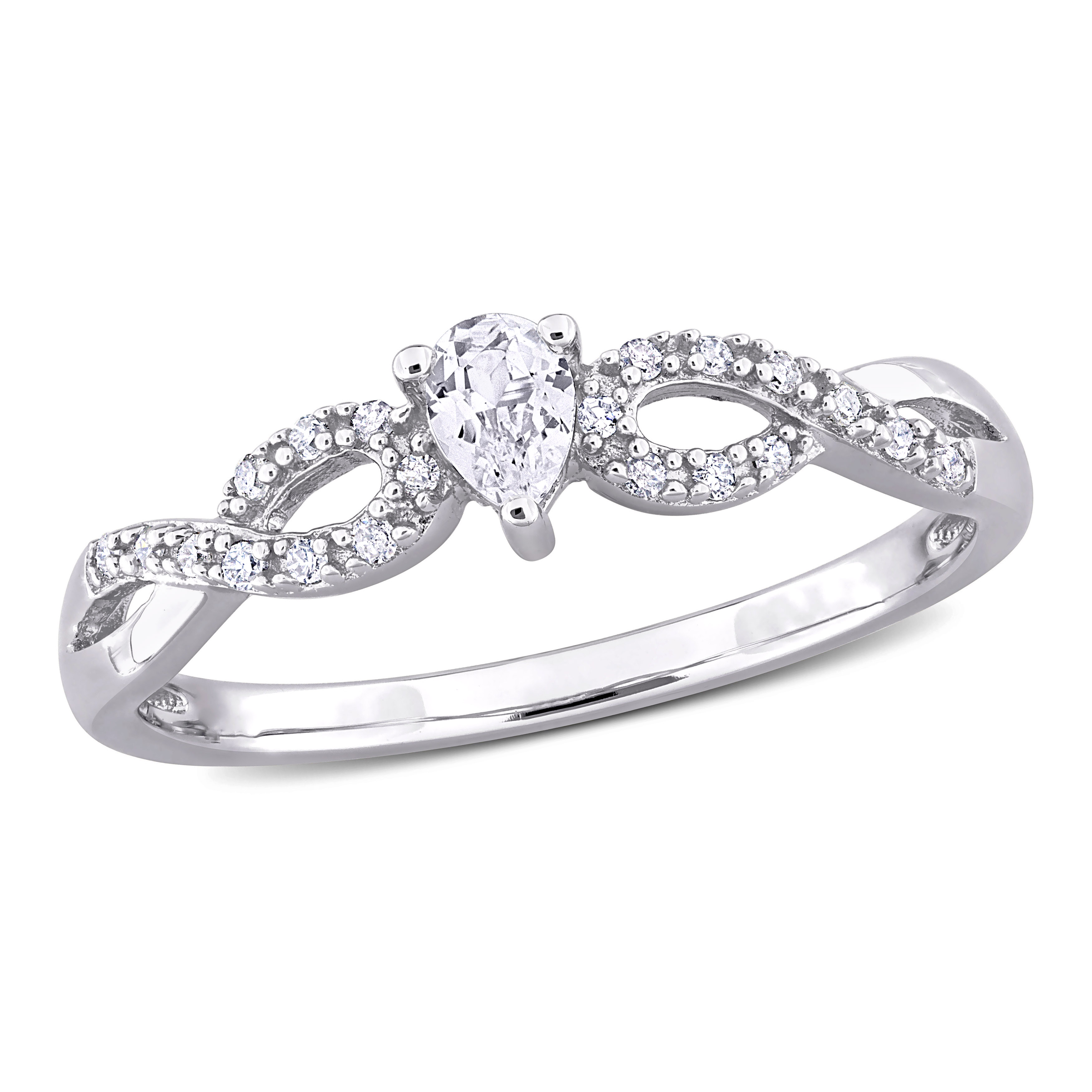 1/4 CT TGW Pear-Shaped Created White Sapphire and 1/10 CT TW Diamond Infinity Engagement Ring in Sterling Silver