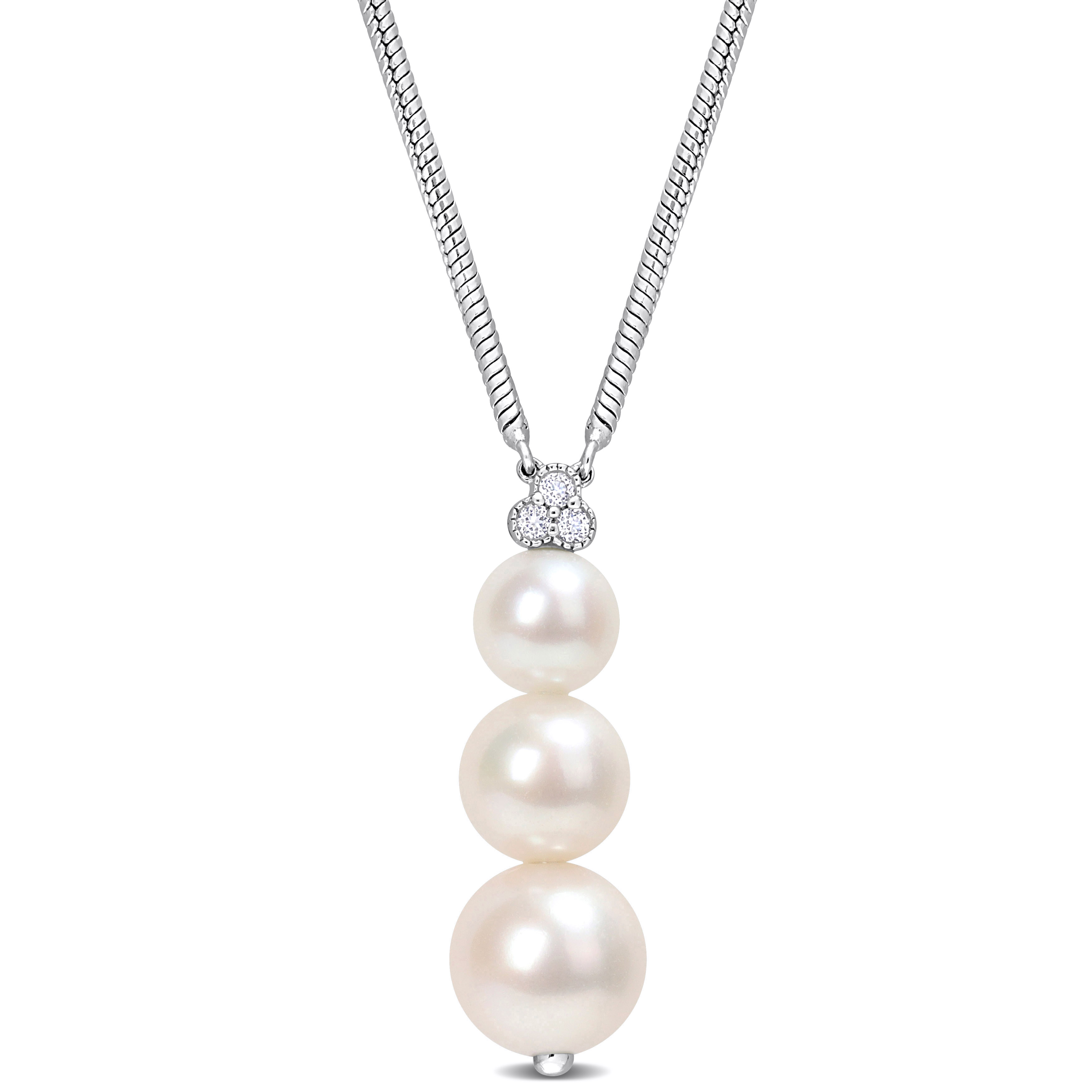 Freshwater Cultured Pearl and 1/10 CT TGW White Topaz Graduated Pendant with Chain in Sterling Silver - 18 in.