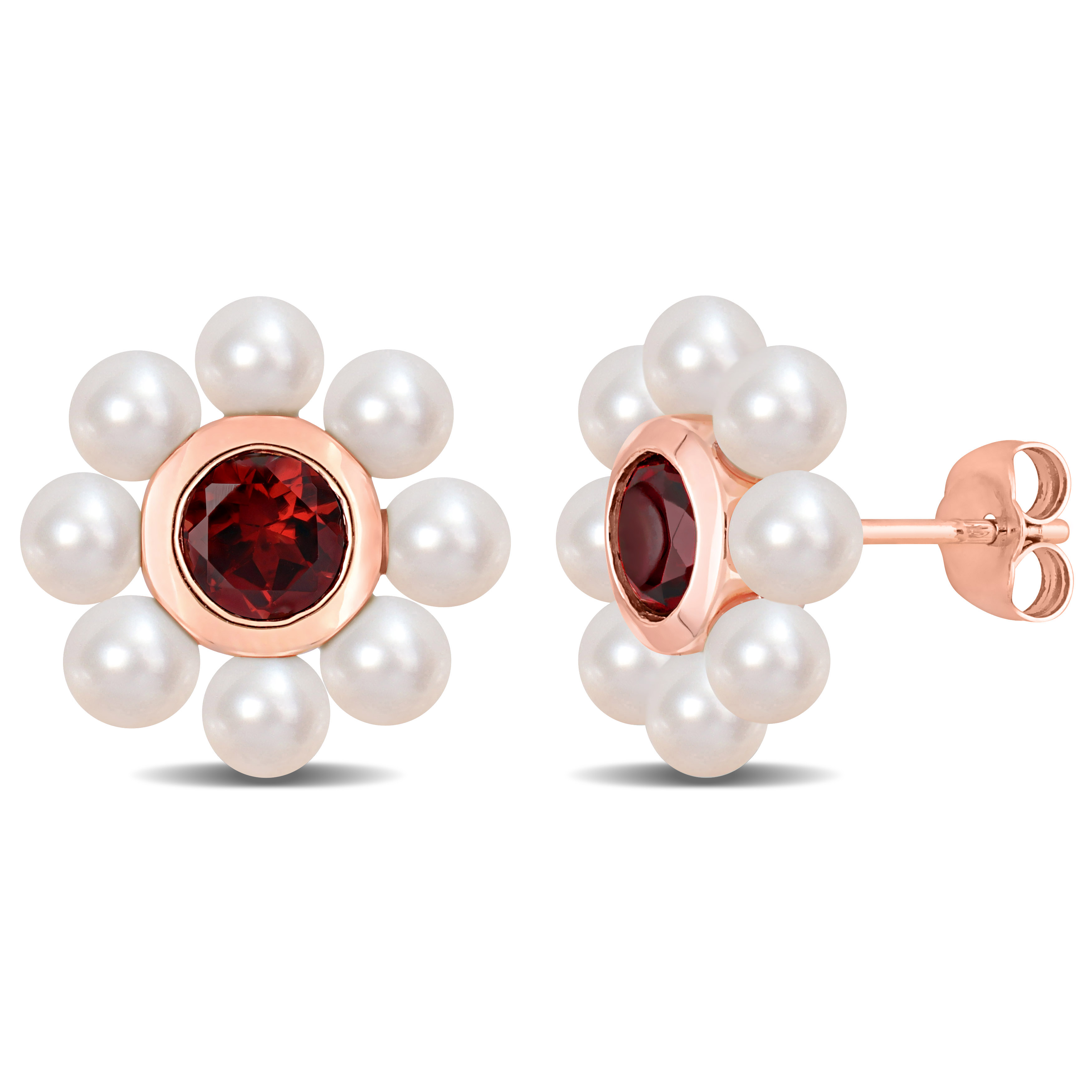 3.5-4 MM Freshwater Cultured Pearl and 1 1/5 CT TGW Garnet Floral Stud Earrings in 10k Rose Gold