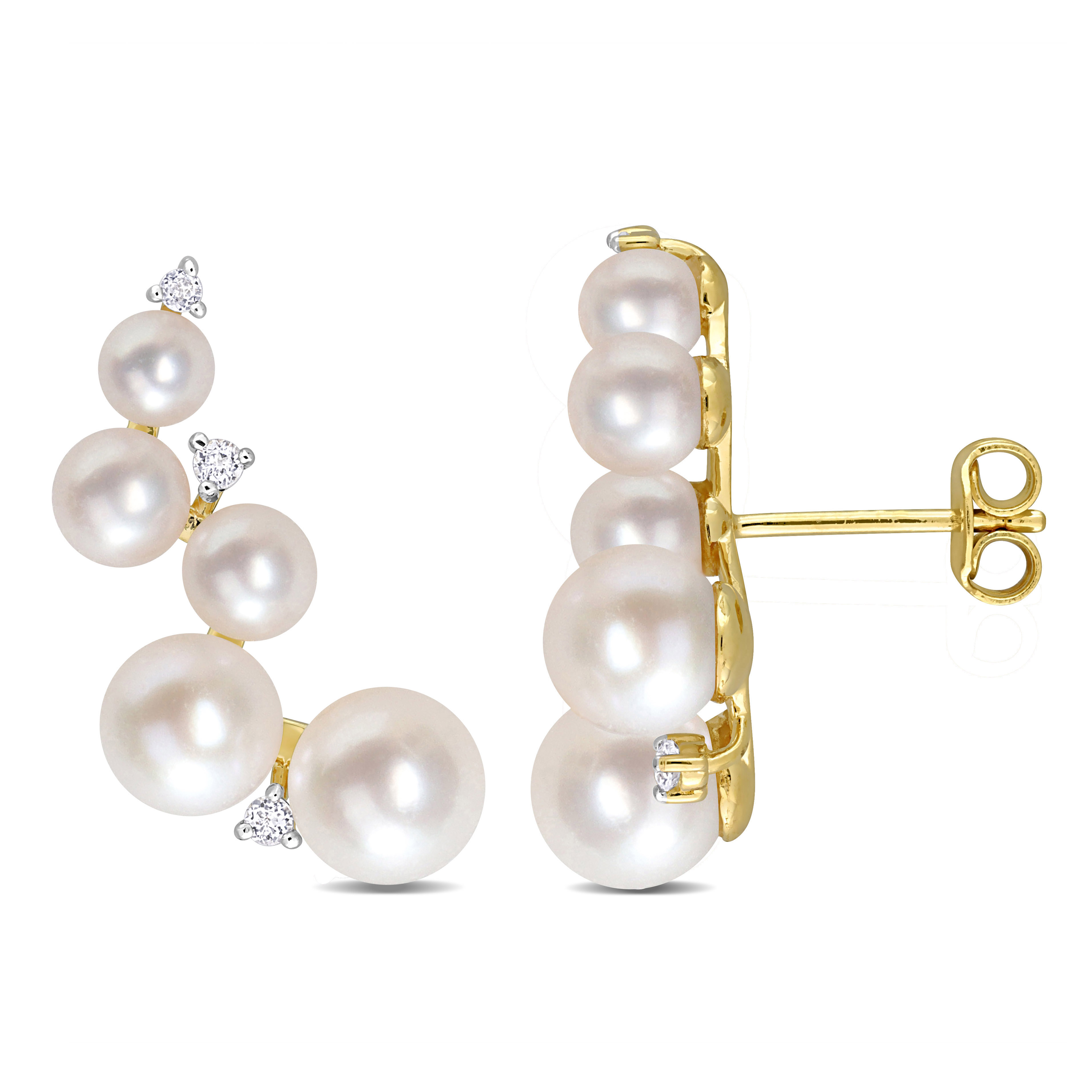 Freshwater Cultured Pearl and 1/4 CT TGW White Topaz Climber Earrings in Yellow Gold Plated Sterling Silver
