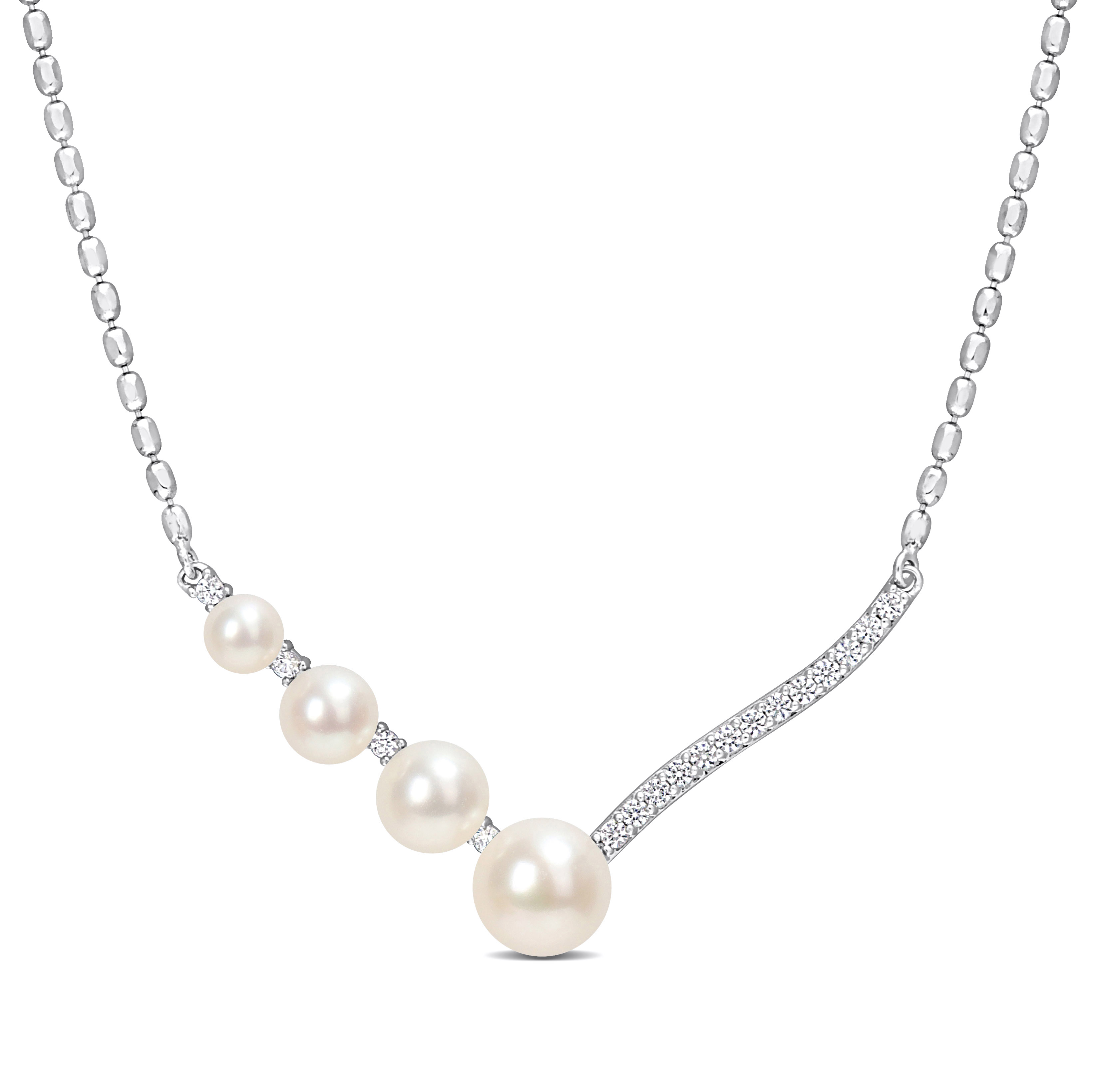 Freshwater Cultured Pearl and 1/3 CT TGW Created White Sapphire Necklace in Sterling Silver