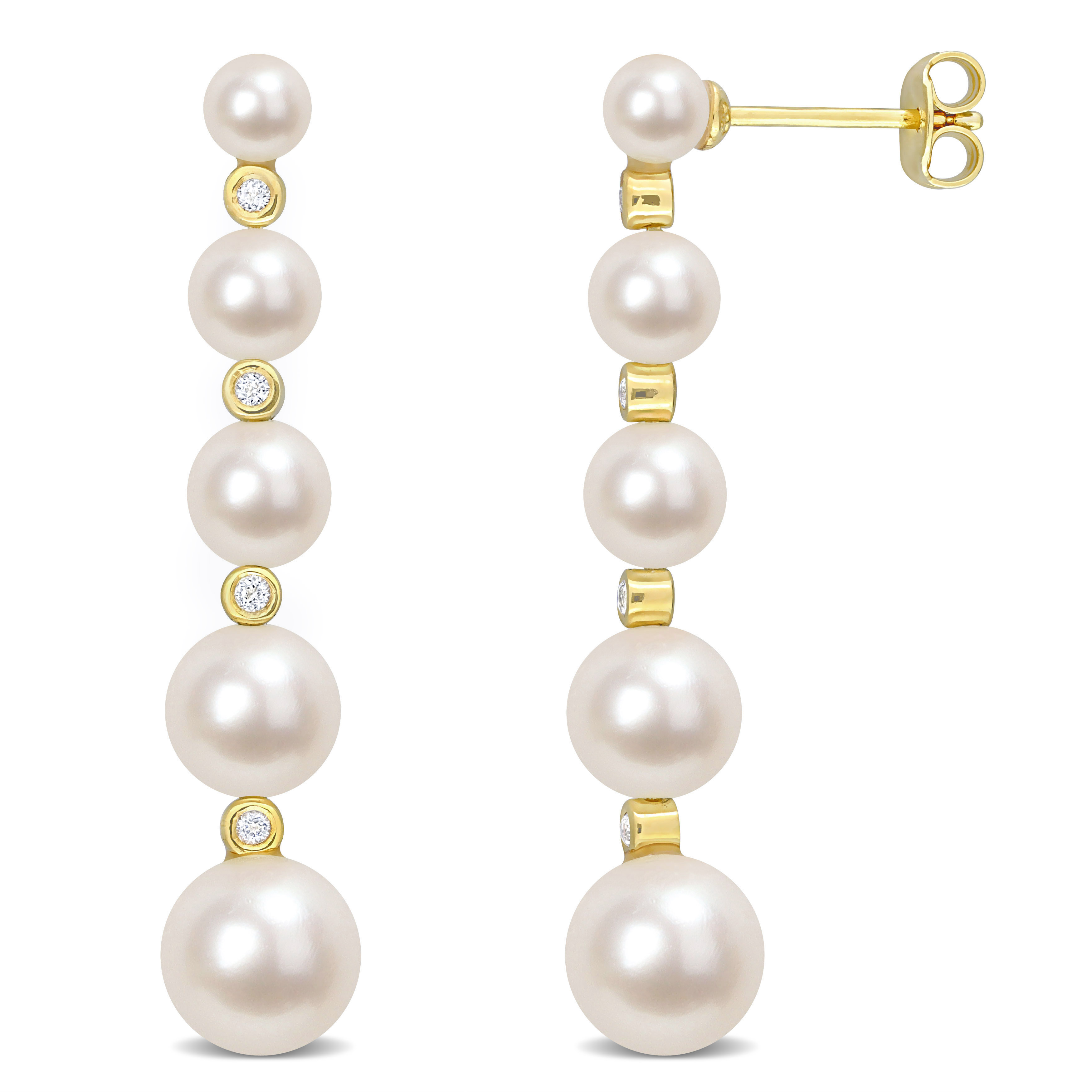 4 - 8.5 MM Freshwater Cultured Pearl and 1/4 CT TGW White Topaz Graduated Dangle Earrings in Yellow Plated Sterling Silver