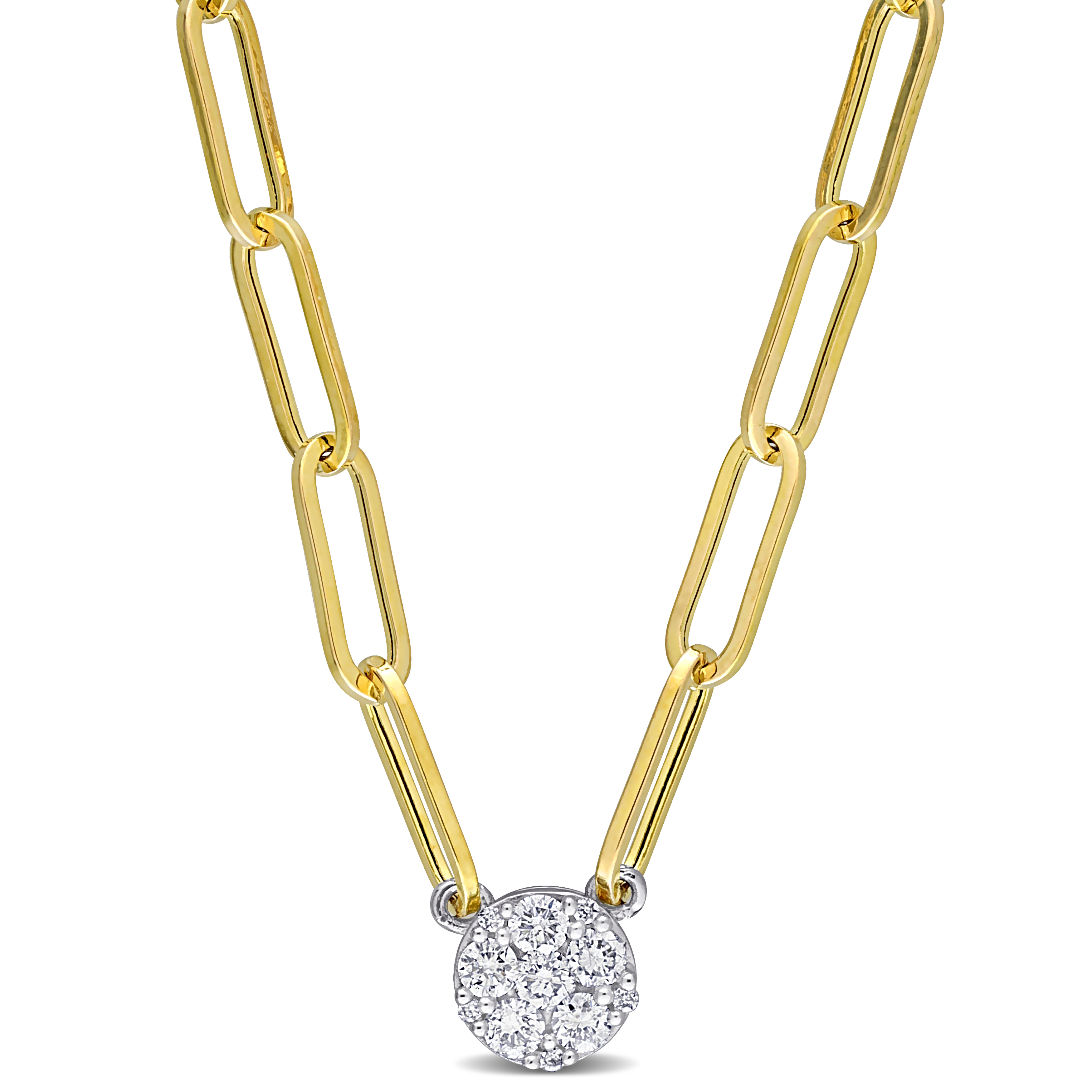 1/4 CT TW Diamond Cluster Pendant in 14k White Gold on a 3.3mm Polished Paperclip Chain in 14k Yellow Gold - 16 in