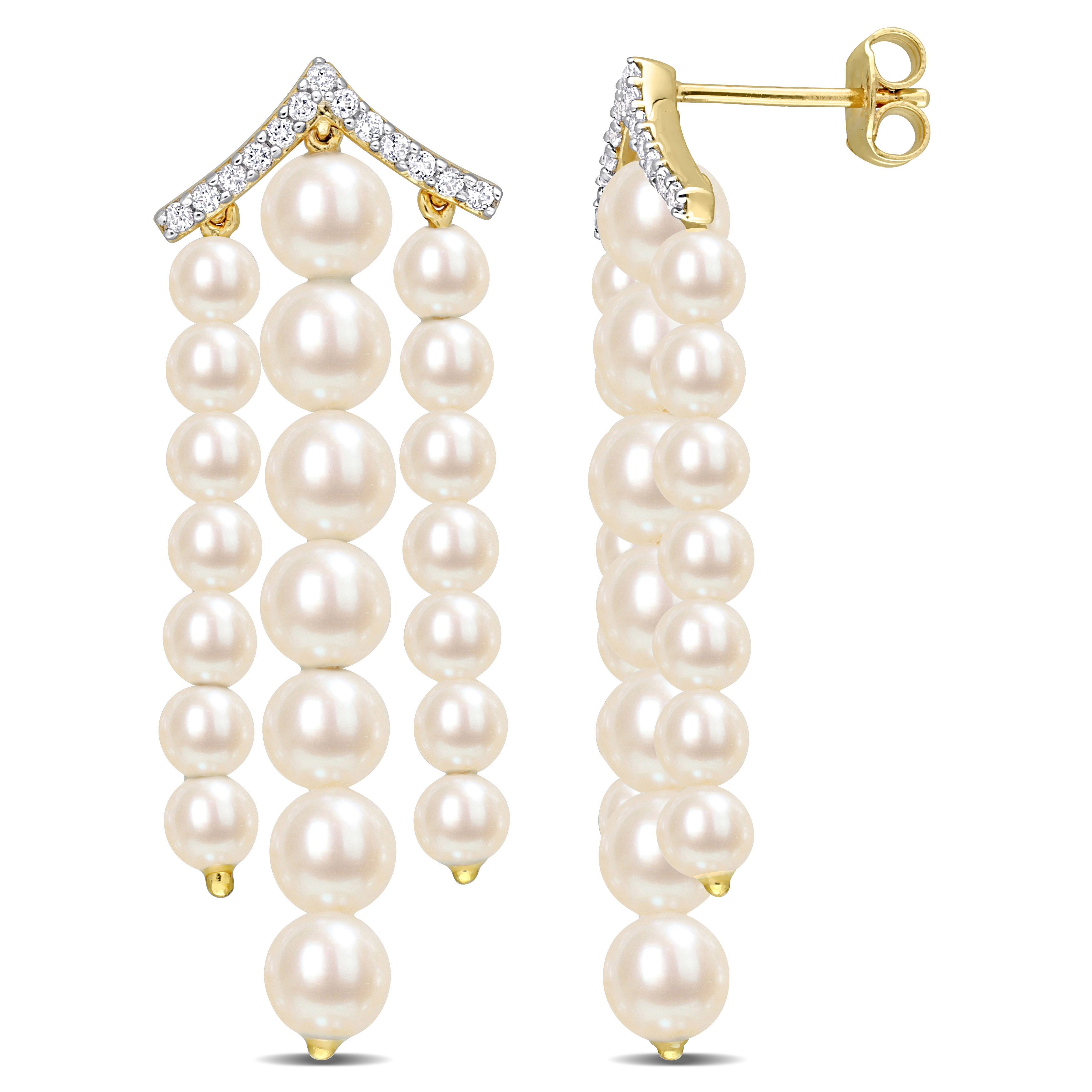 Freshwater Cultured Pearl and 1/4 CT TGW White Topaz Chandelier Earrings in Yellow Gold Plated Sterling Silver
