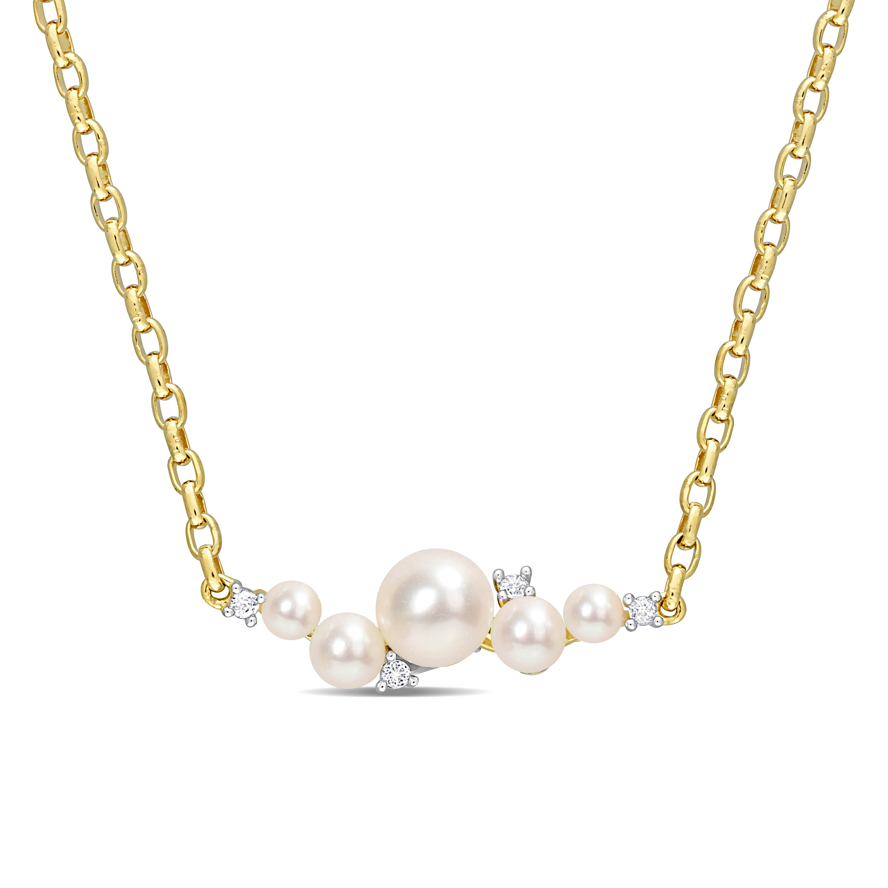 Freshwater Cultured Pearl and 1/8 CT TGW White Topaz Necklace in 18k Yellow Gold Plated Sterling Silver - 18 in