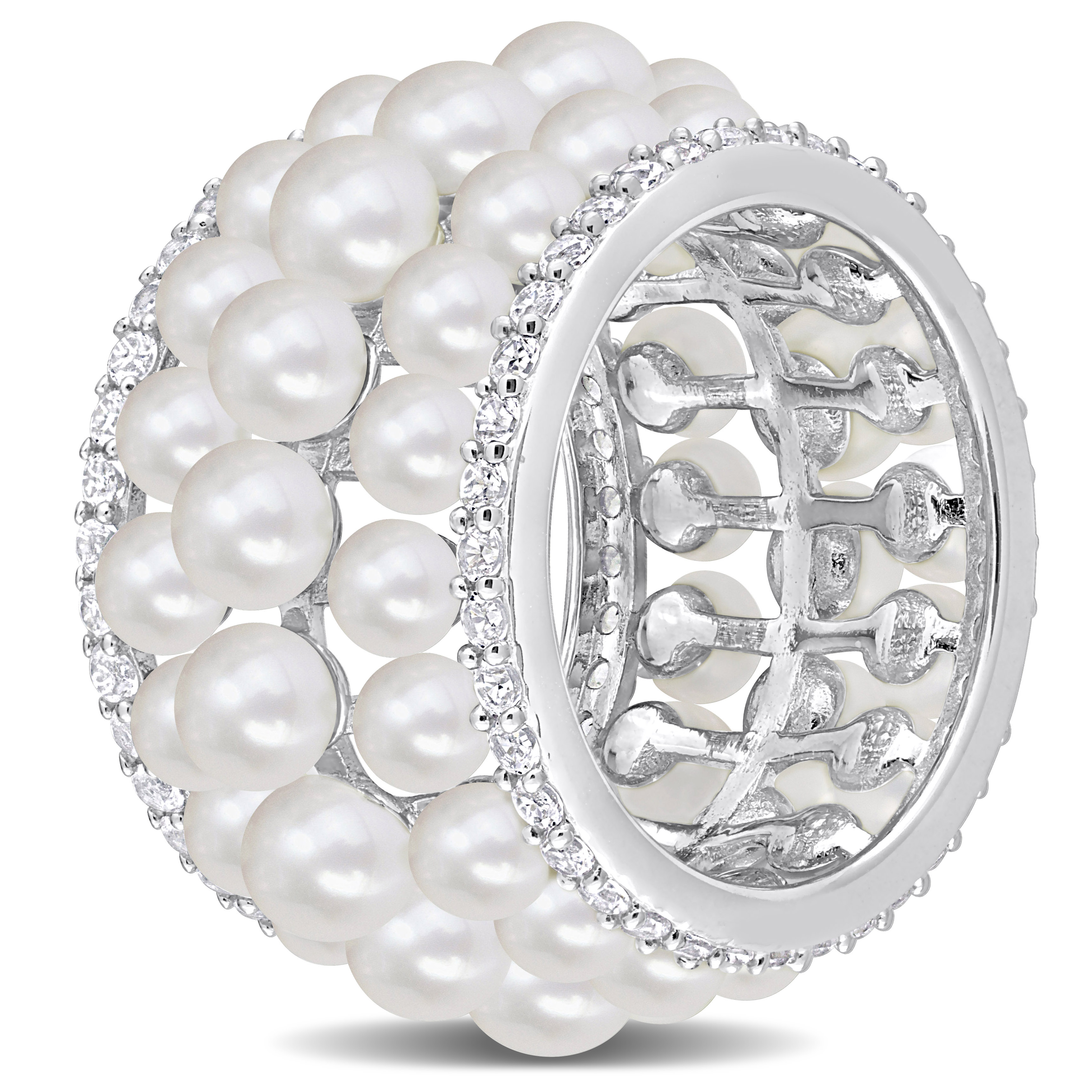 White Cultured Freshwater Pearl and 1 3/5 CT TGW Created White Sapphire Multi-row Ring in Sterling Silver