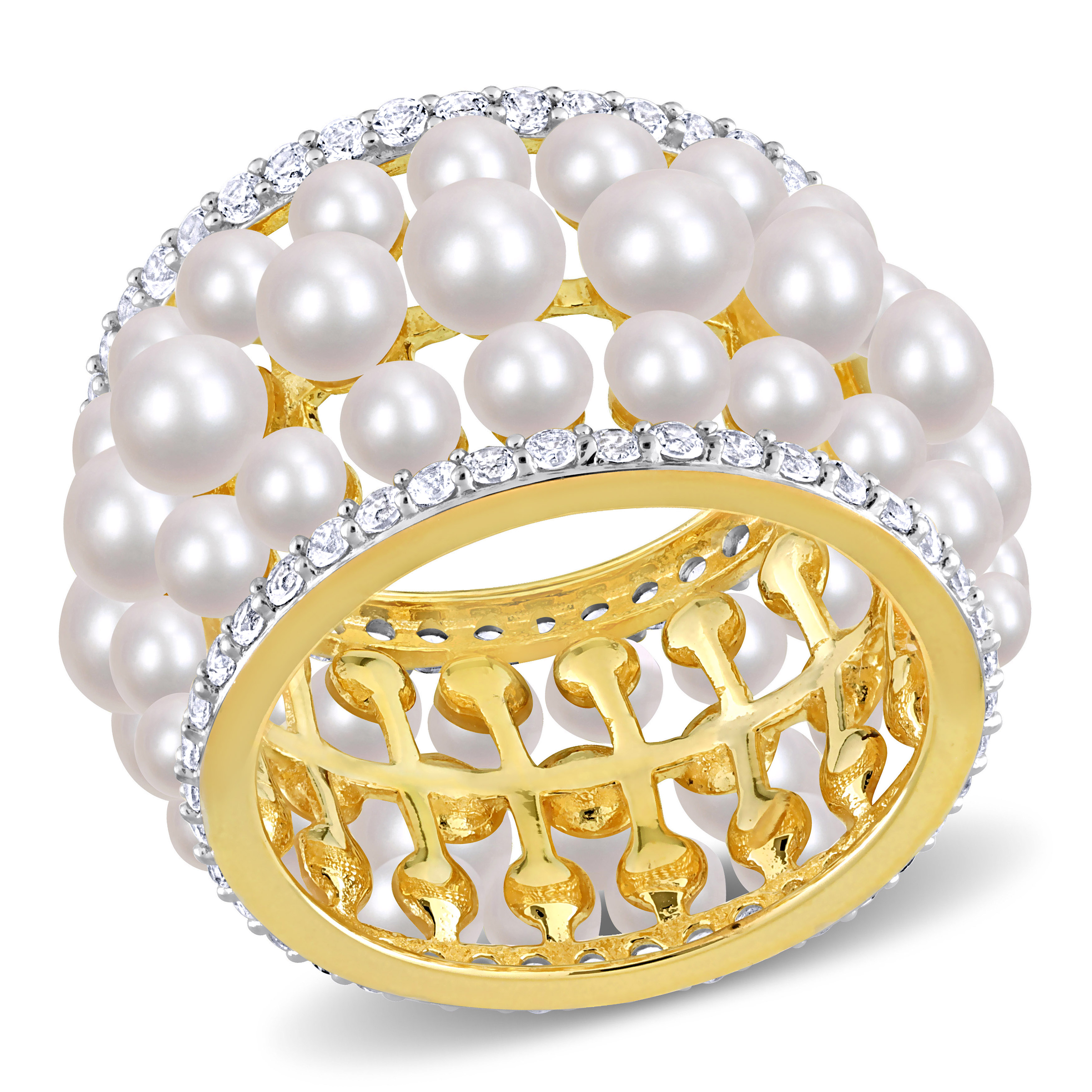 Freshwater Cultured Pearl and 1 3/5 CT TGW Created White Sapphire Triple Row Ring in Yellow Plated Sterling Silver