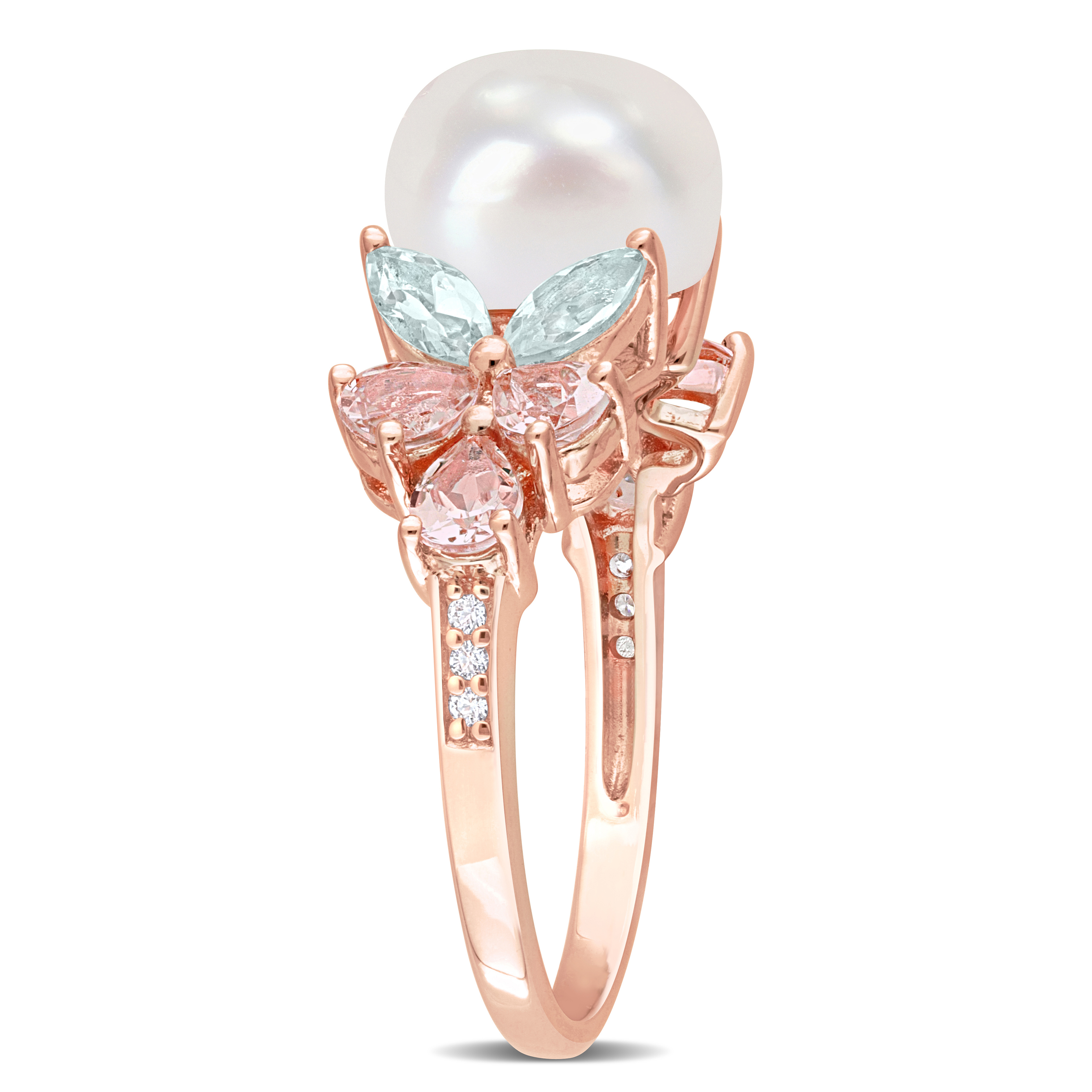 8.5-9MM Cultured Freshwater Pearl and 1 2/5 CT TGW Morganite Aquamarine White Topaz Cocktail Ring in 18k Rose Gold Plated Sterling Silver