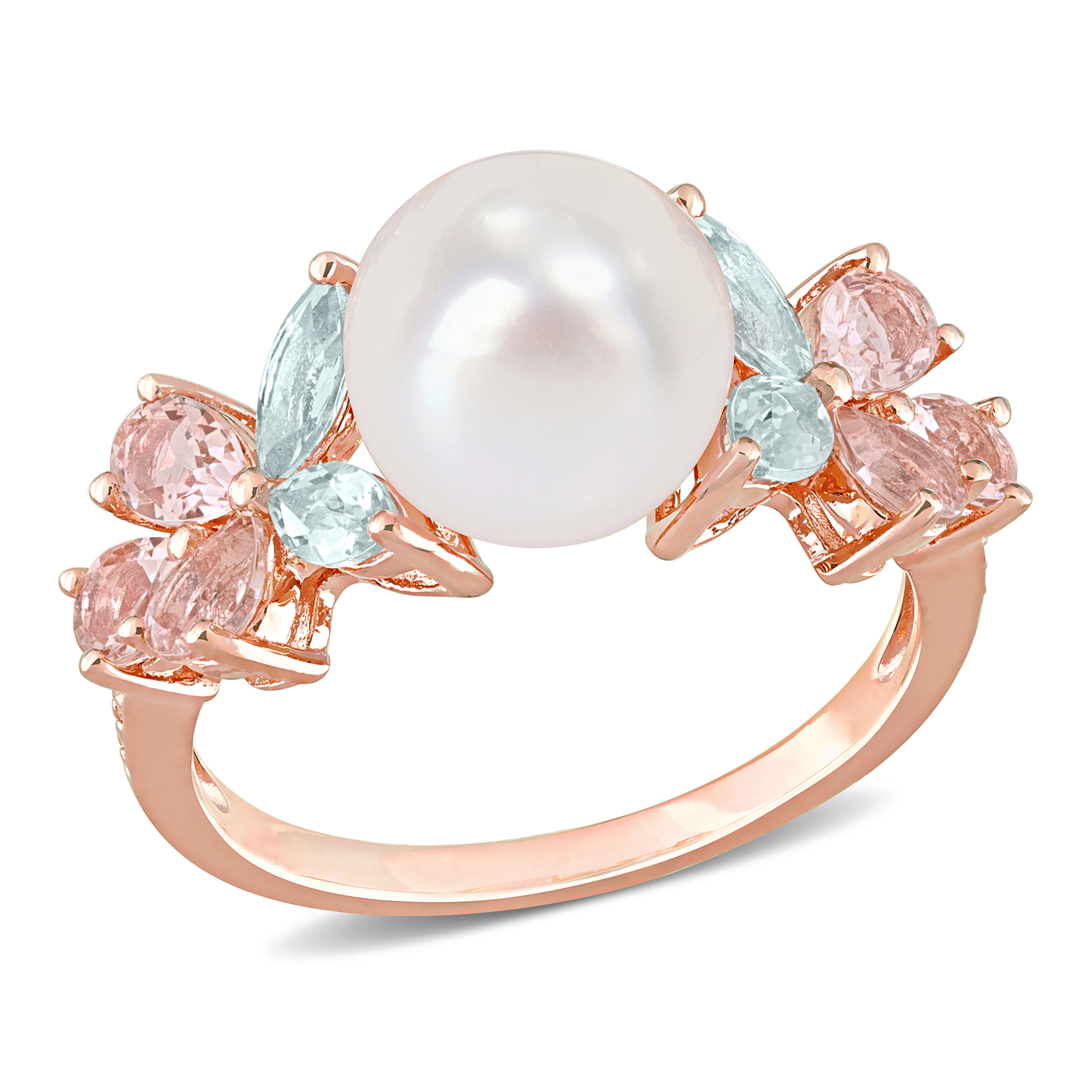 8.5-9MM Cultured Freshwater Pearl and 1 2/5 CT TGW Morganite Aquamarine White Topaz Cocktail Ring in 18k Rose Gold Plated Sterling Silver