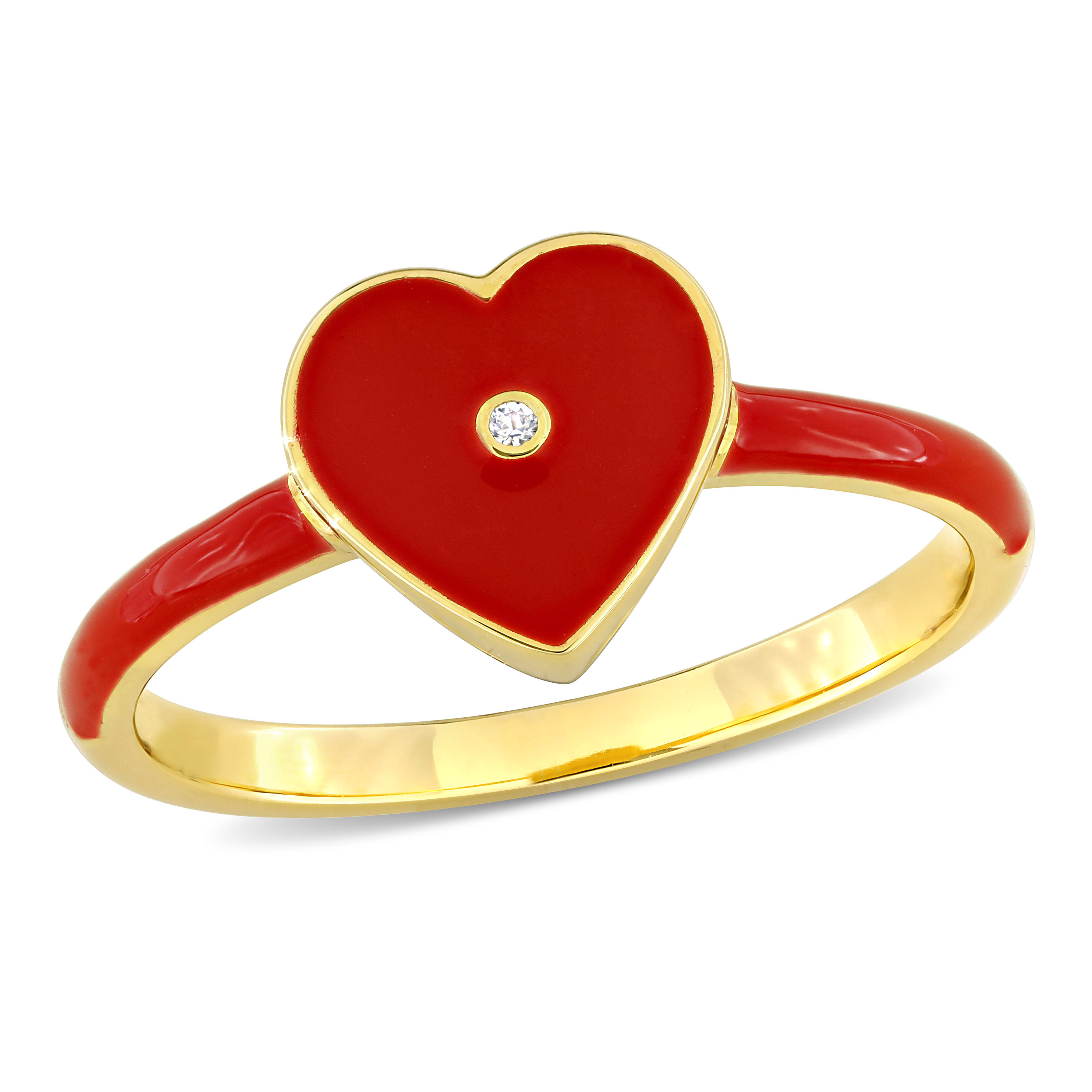 Created White Sapphire Heart Enamel Ring in Yellow Plated Sterling Silver