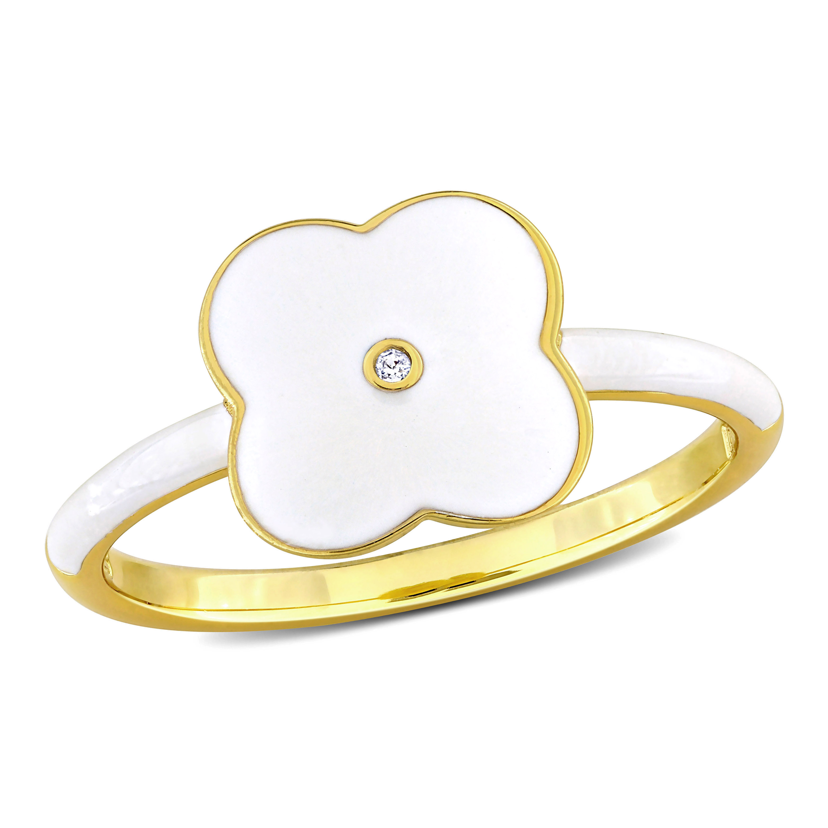 Created White Sapphire Floral White Enamel Ring in Yellow Plated Sterling Silver