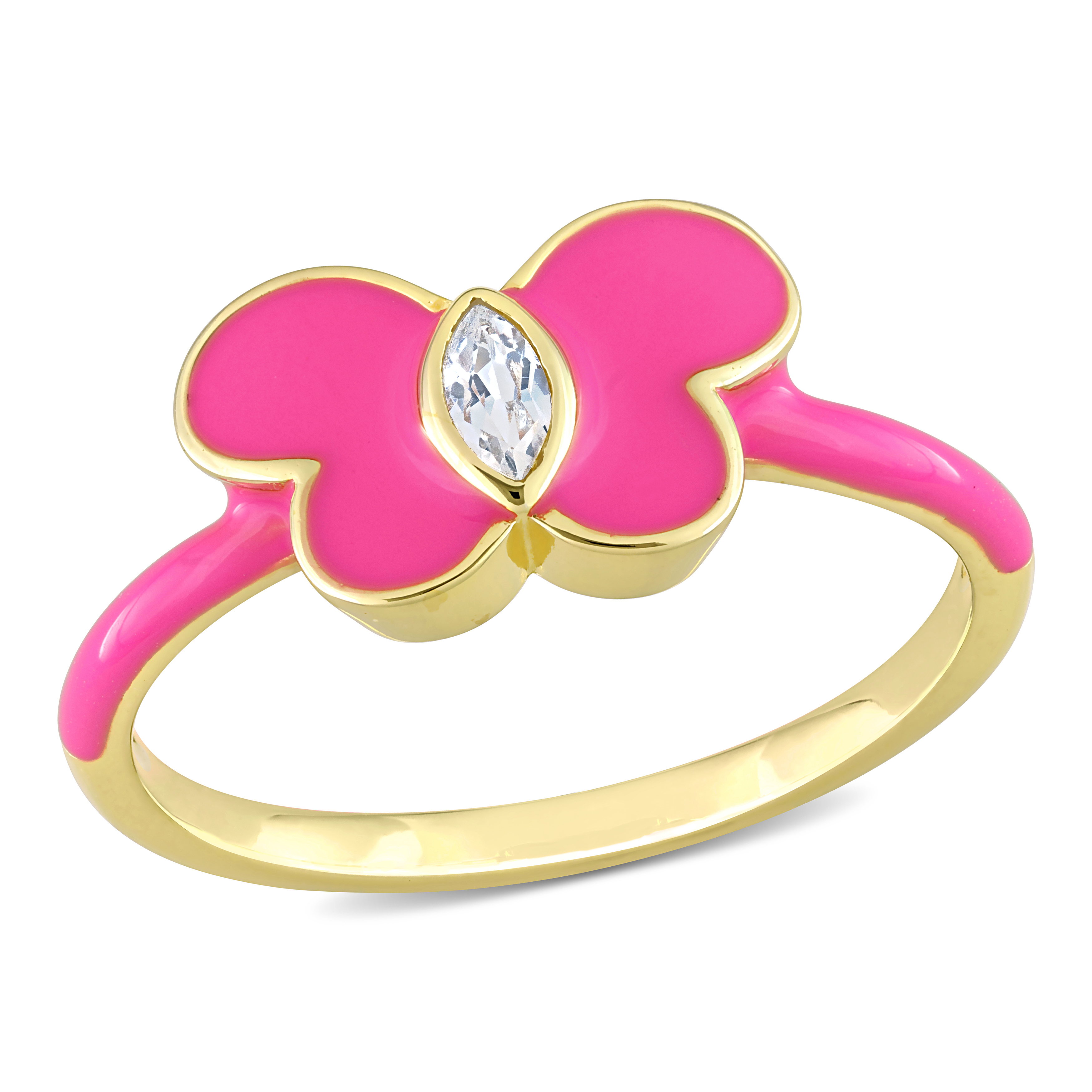 1/8 CT TGW Created White Sapphire Pink Enamel Butterfly Ring in Yellow Plated Sterling Silver