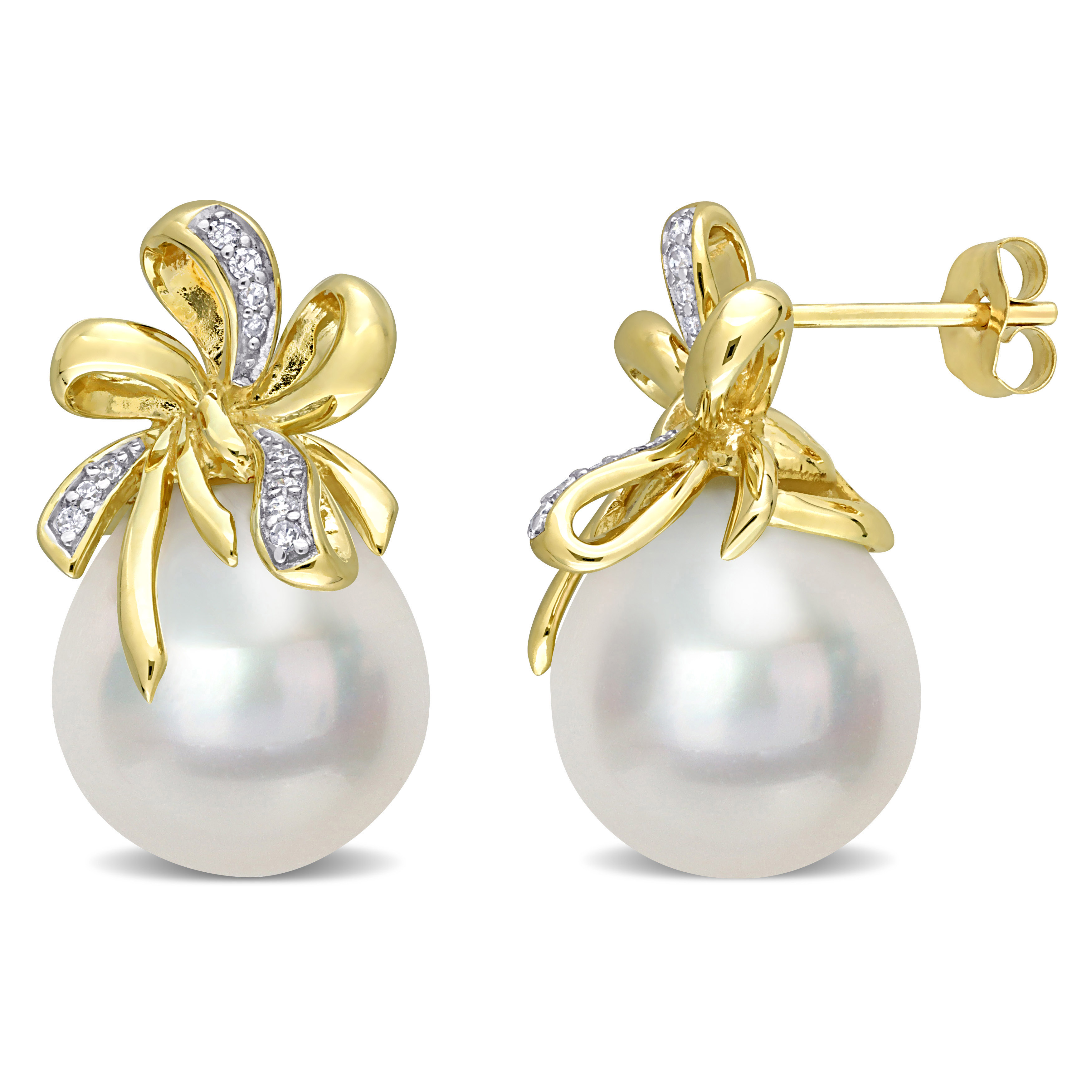 12 - 12.5 MM South Sea Cultured Pearl and 1/10 CT TW Diamond Floral Earrings in 10k Yellow Gold