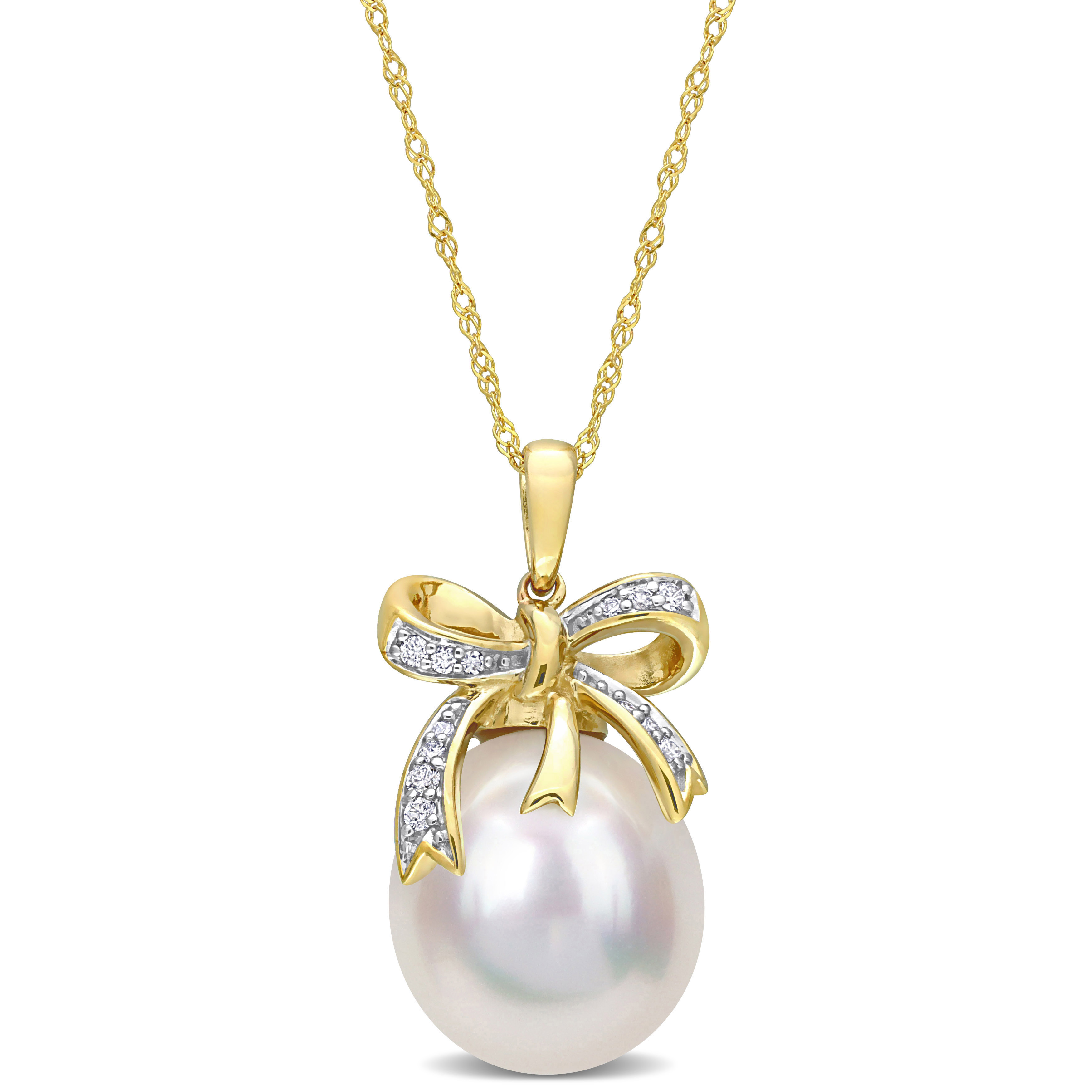 12-12.5 MM South Sea Cultured Pearl and 1/10 CT TW Diamond Bow Pendant with Chain in 10k Yellow Gold