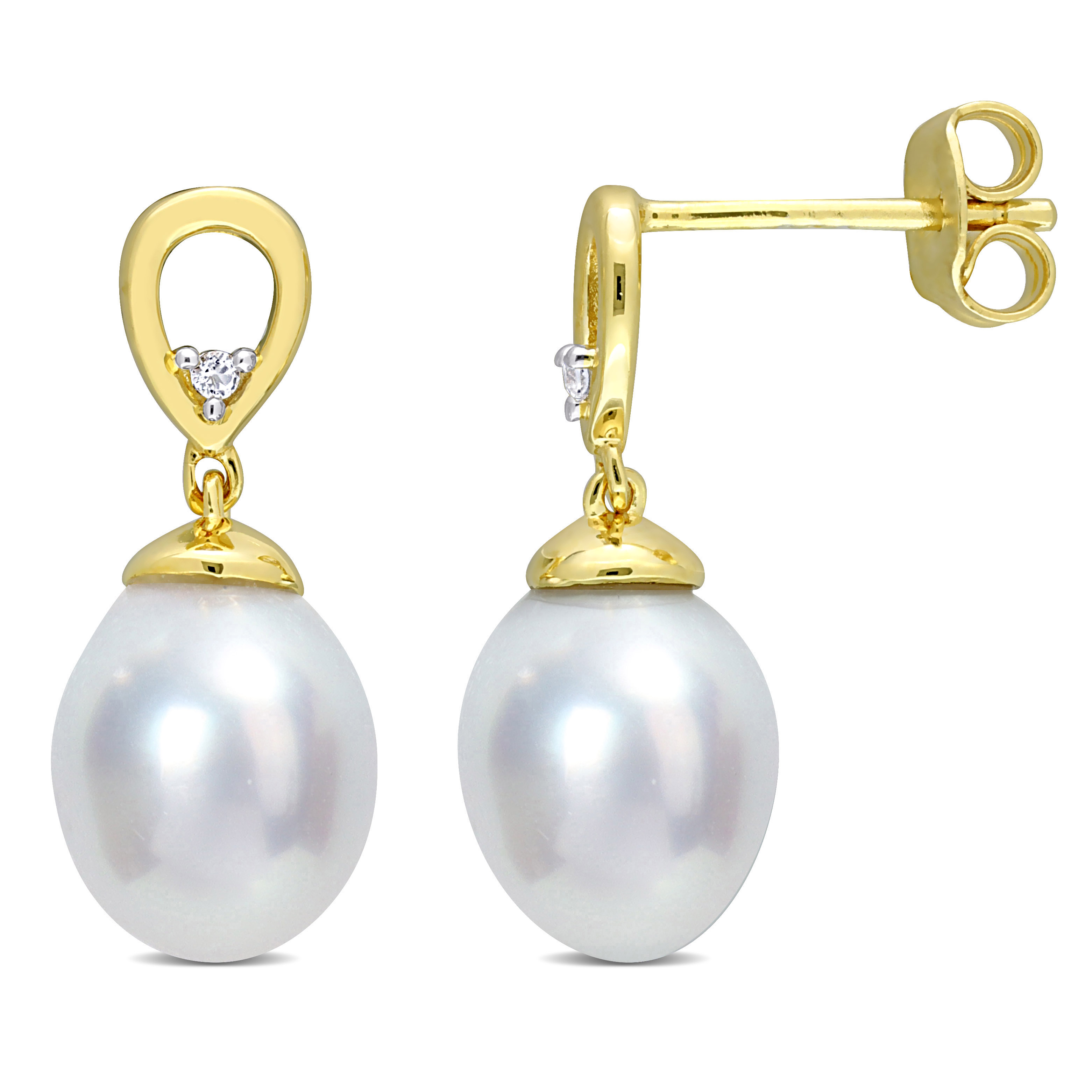 8-9 MM South Sea Cultured Pearl and White Topaz Drop Earrings in Yellow Plated Sterling Silver
